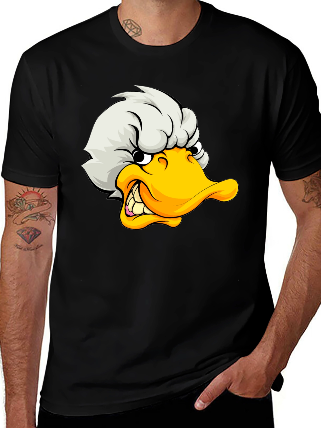 Angry Duck Cartoon Graphic Black T-Shirt