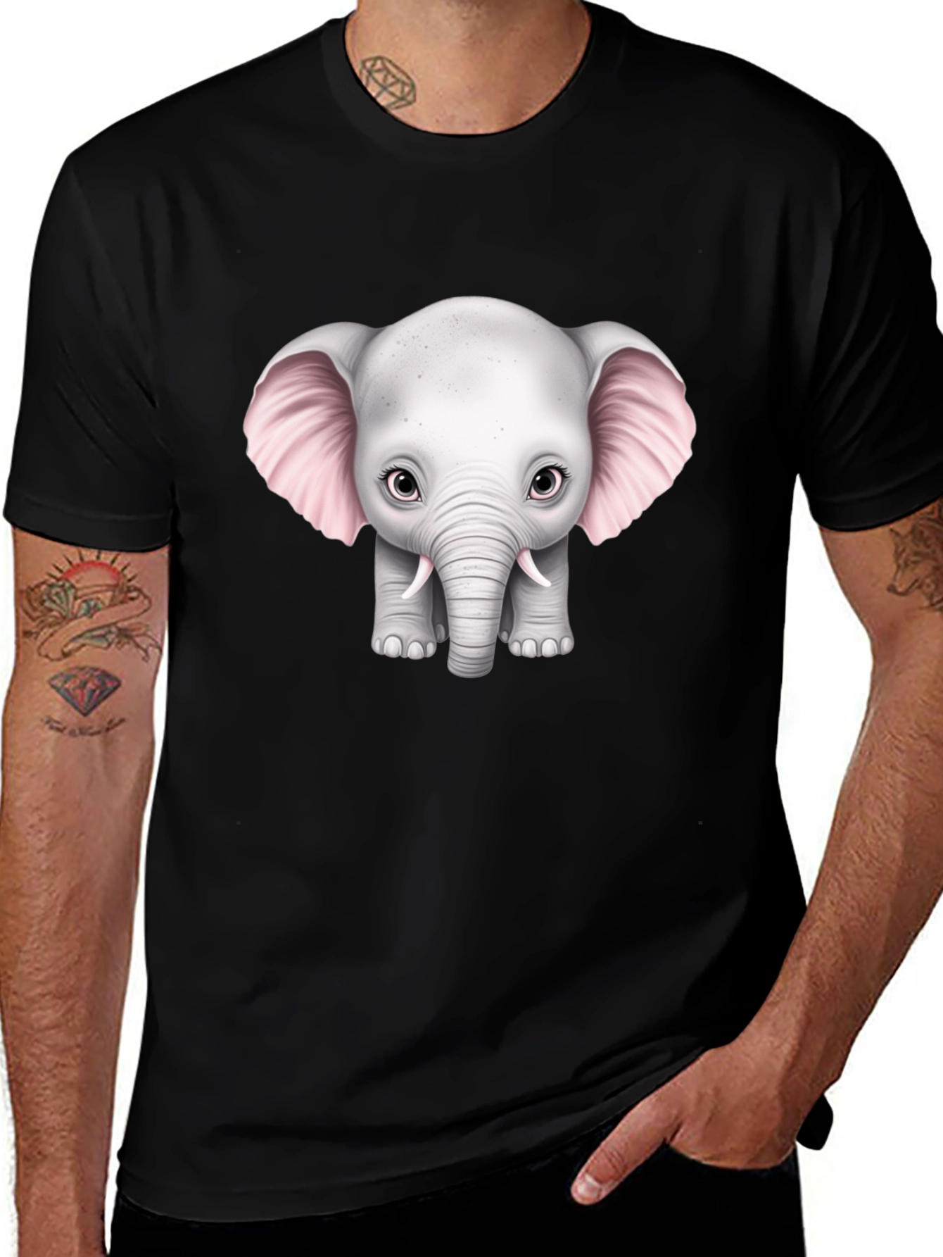 Variant 30 of Cute Baby Elephant Graphic Tee - Black Cotton T-Shirt