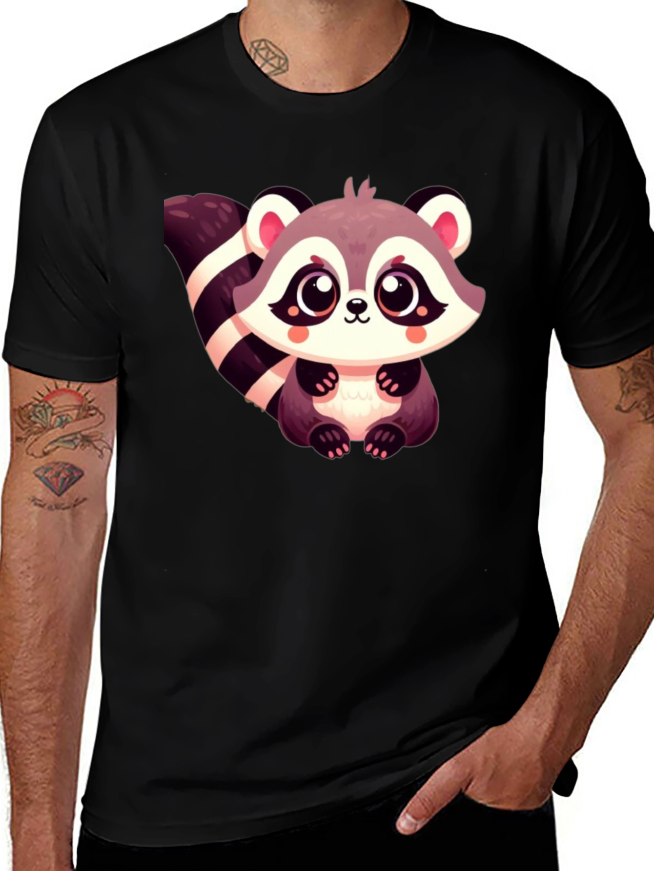 Variant 23 of Cute Raccoon Graphic Tee - Black Cotton Casual Shirt