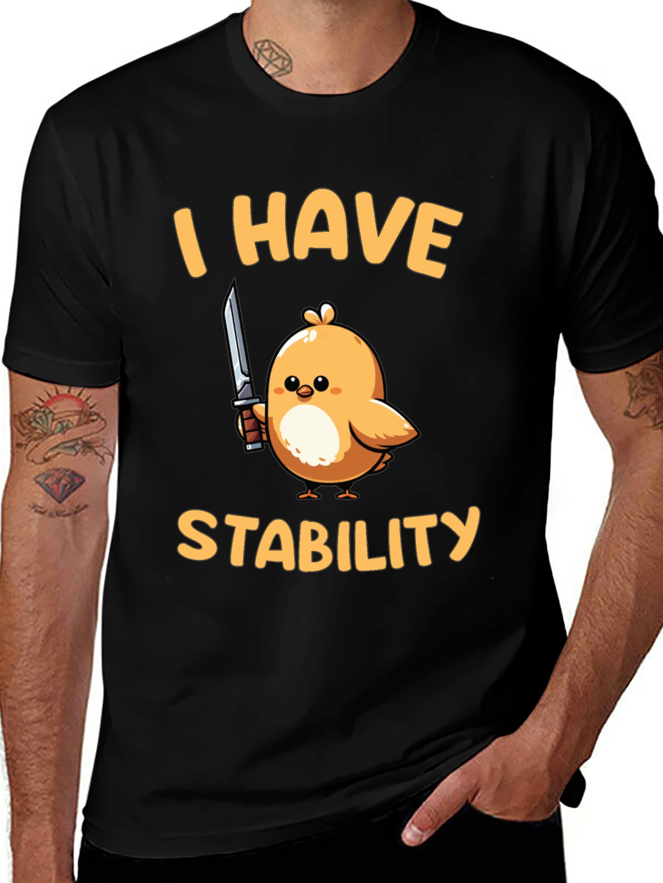 Variant 12 of I Have Stability T-Shirt - Funny Bird with Knife Tee