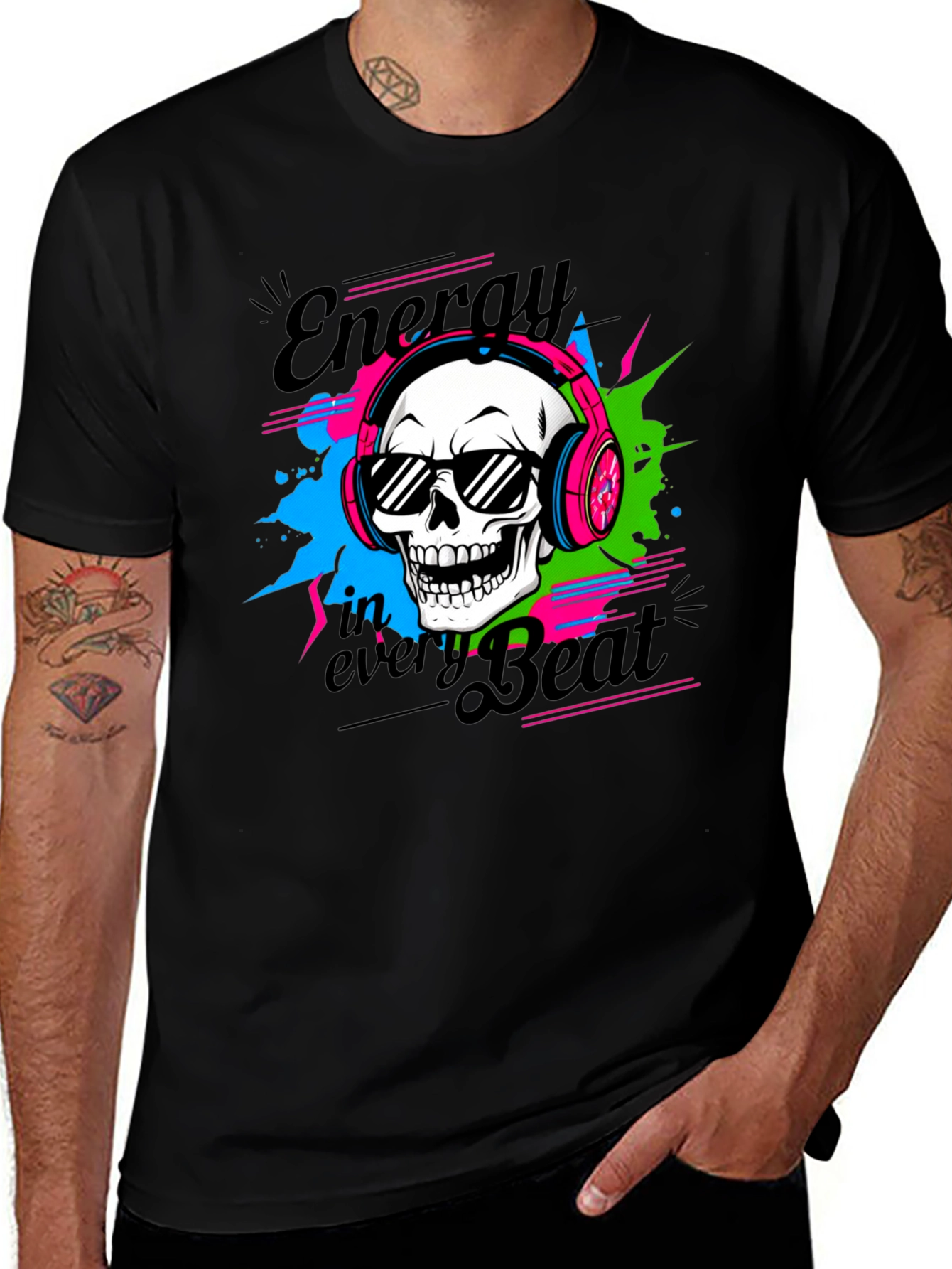 Variant 27 of Energy in Every Beat Graphic Tee - Skull Headphones Design