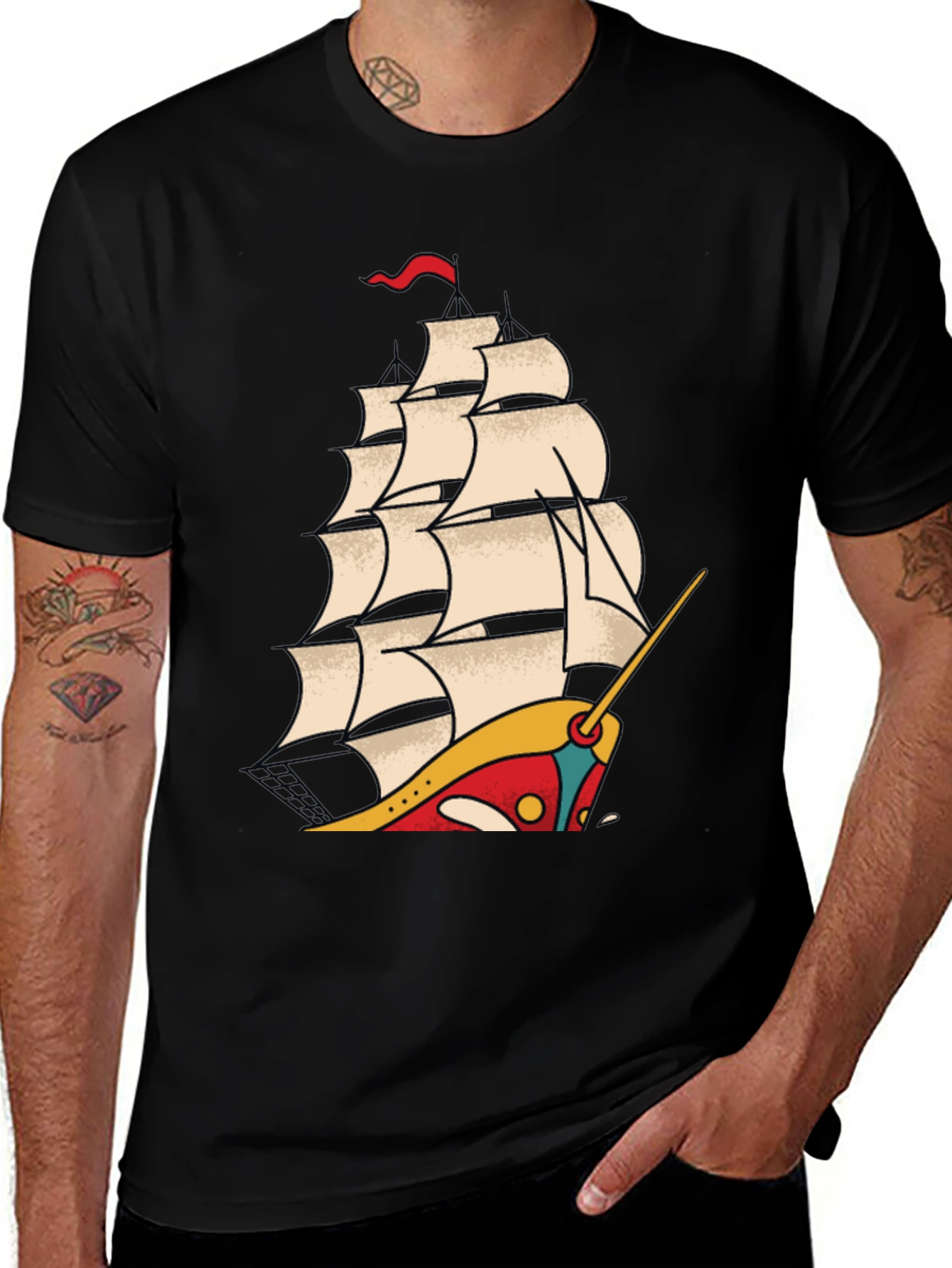 Variant 29 of Nautical Tattoo Style Ship Graphic Tee