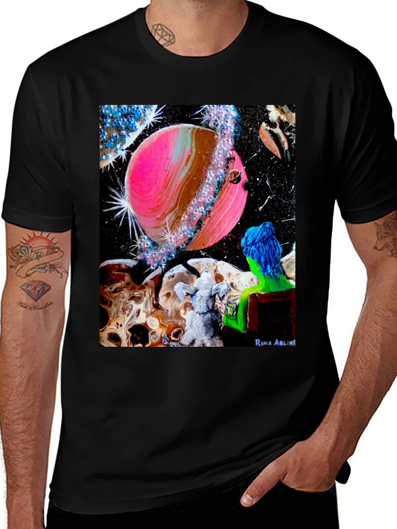 Variant 20 of Cosmic Dreamer T-Shirt: Pink Planet & Blue Haired Girl
