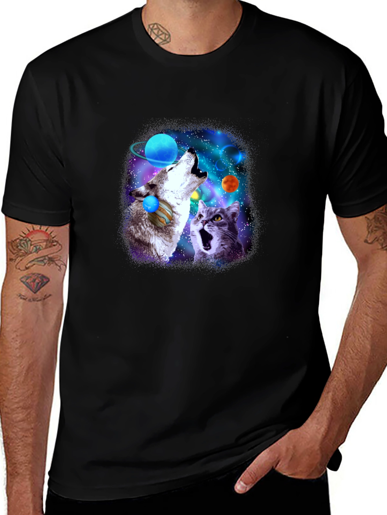 Variant 30 of Galaxy Wolf and Cat Graphic Tee