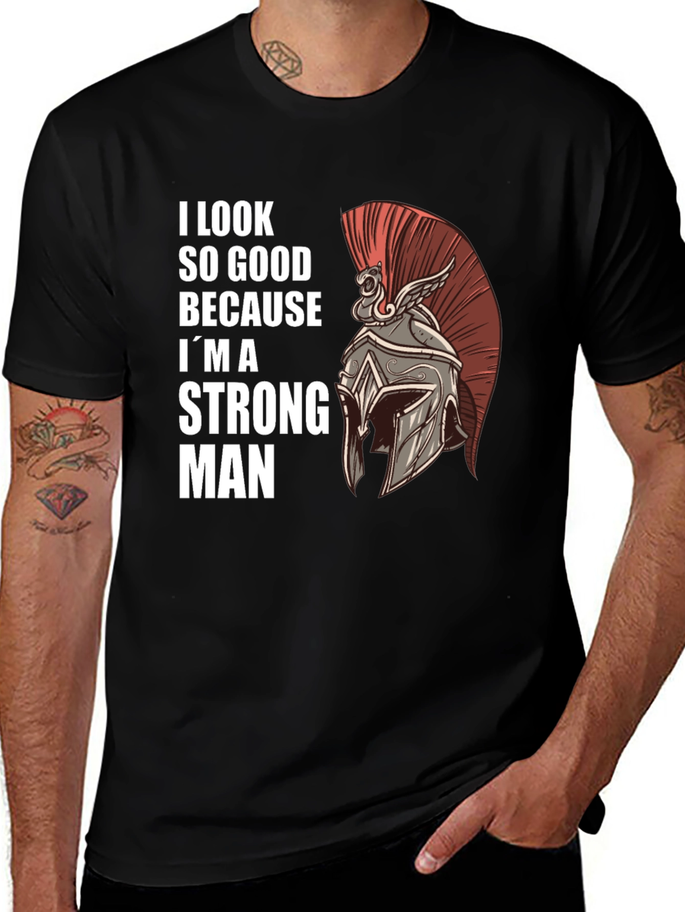 Black Strong Man Graphic Tee - Spartan Helmet Design main image