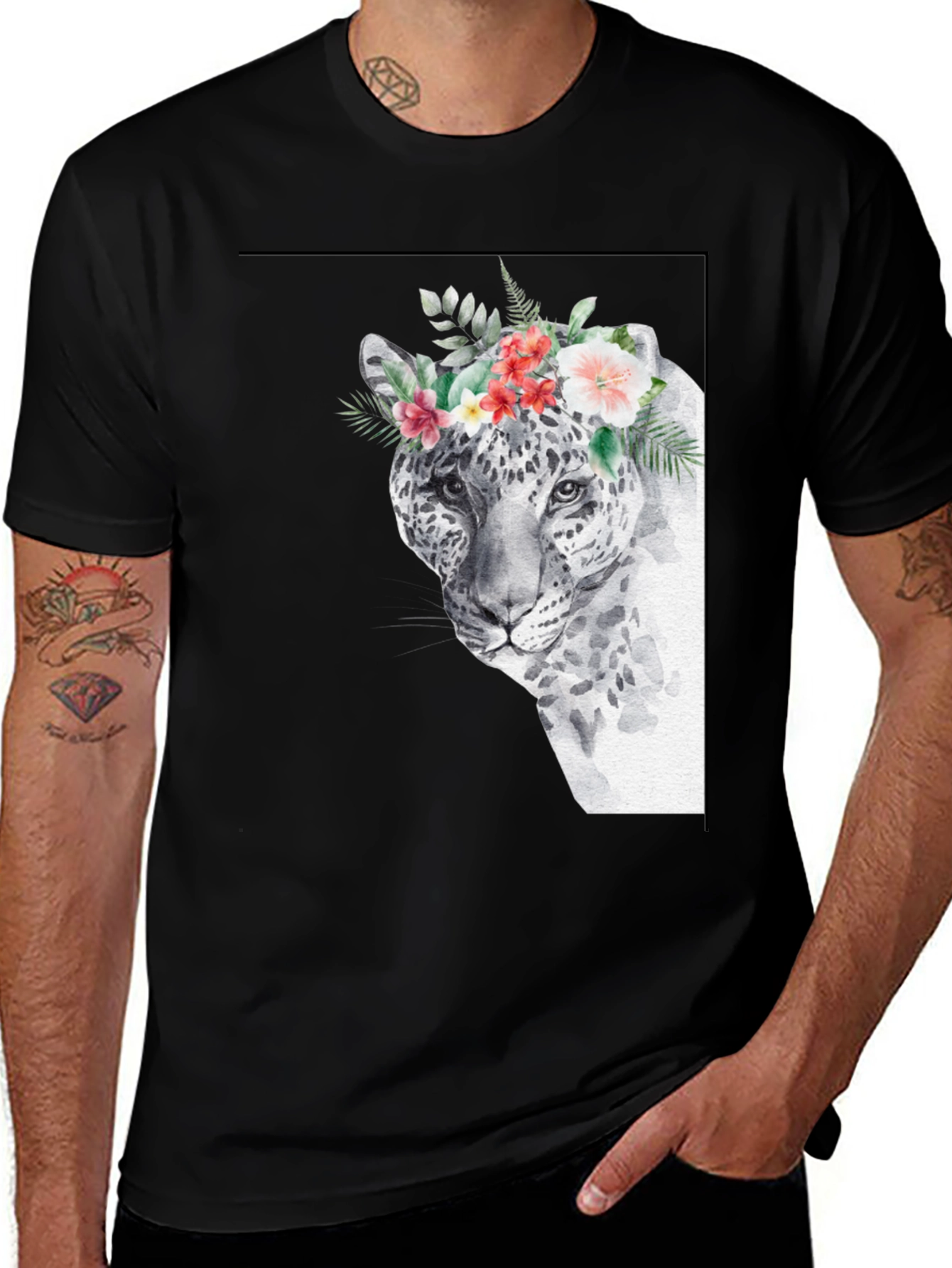 Variant 29 of Floral Leopard Print Black T-Shirt