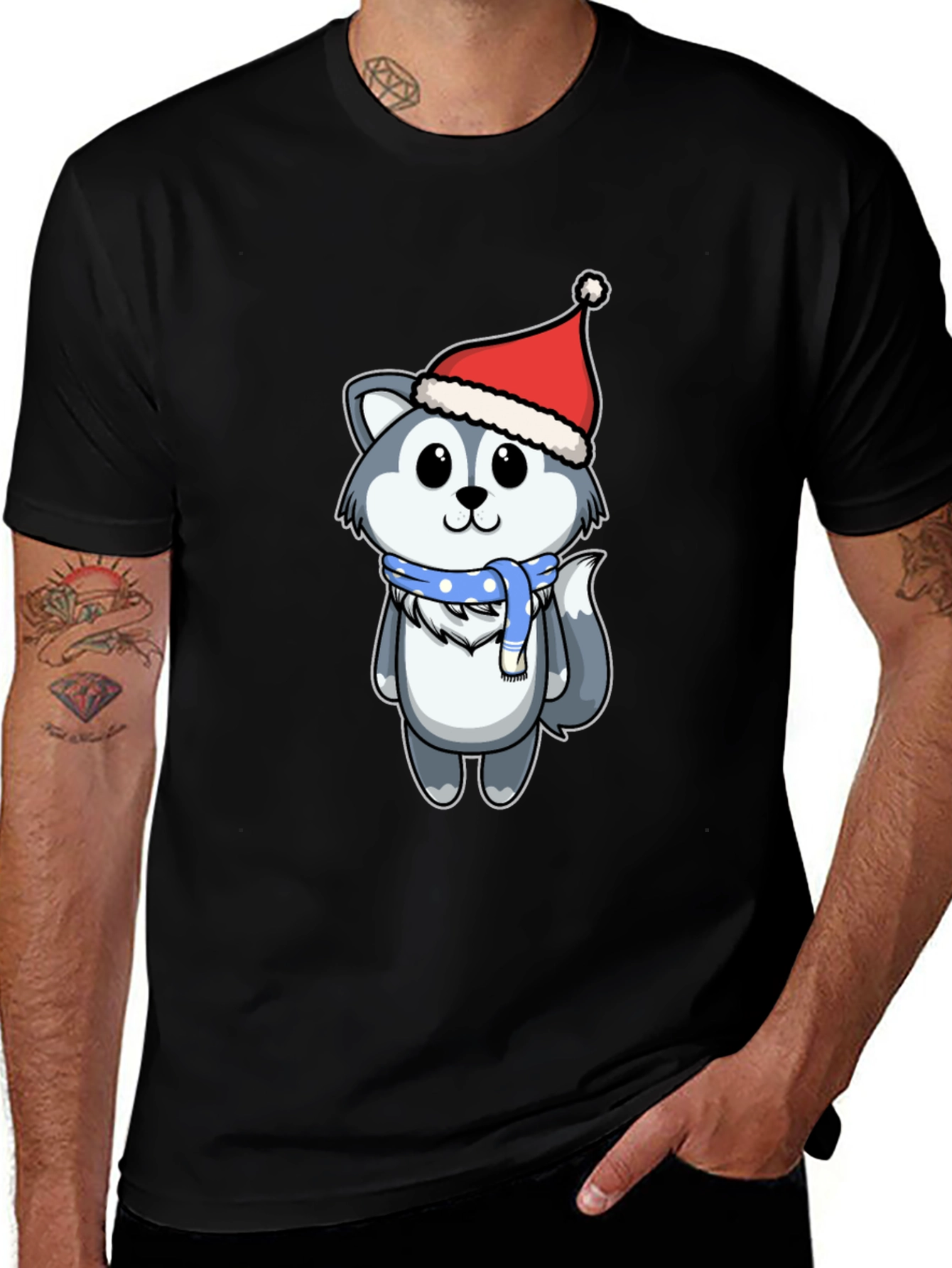 Variant 20 of Cute Husky in Santa Hat Graphic Tee - Black