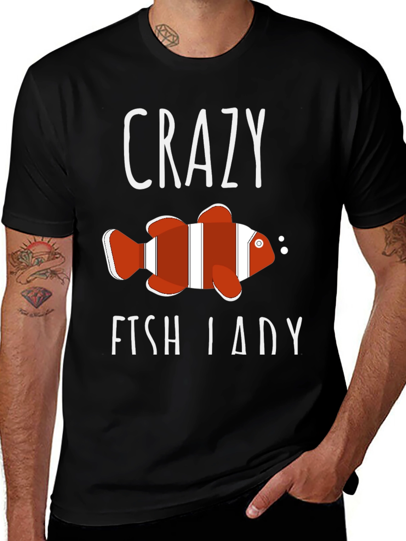 Black Crazy Fish Lady T-Shirt - Novelty Graphic Tee main image