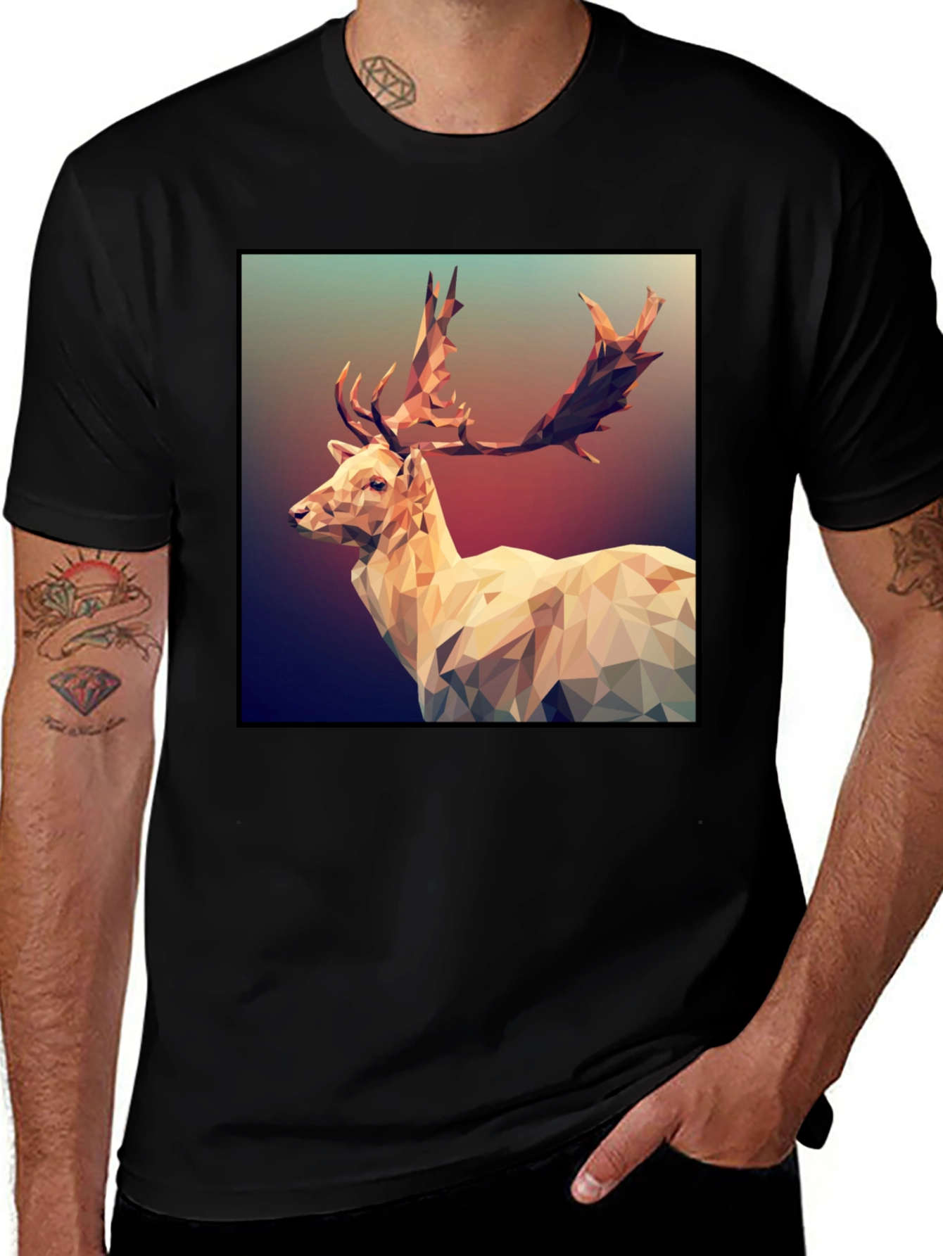 Variant 5 of Geometric Deer Graphic Tee - Black Short Sleeve Shirt