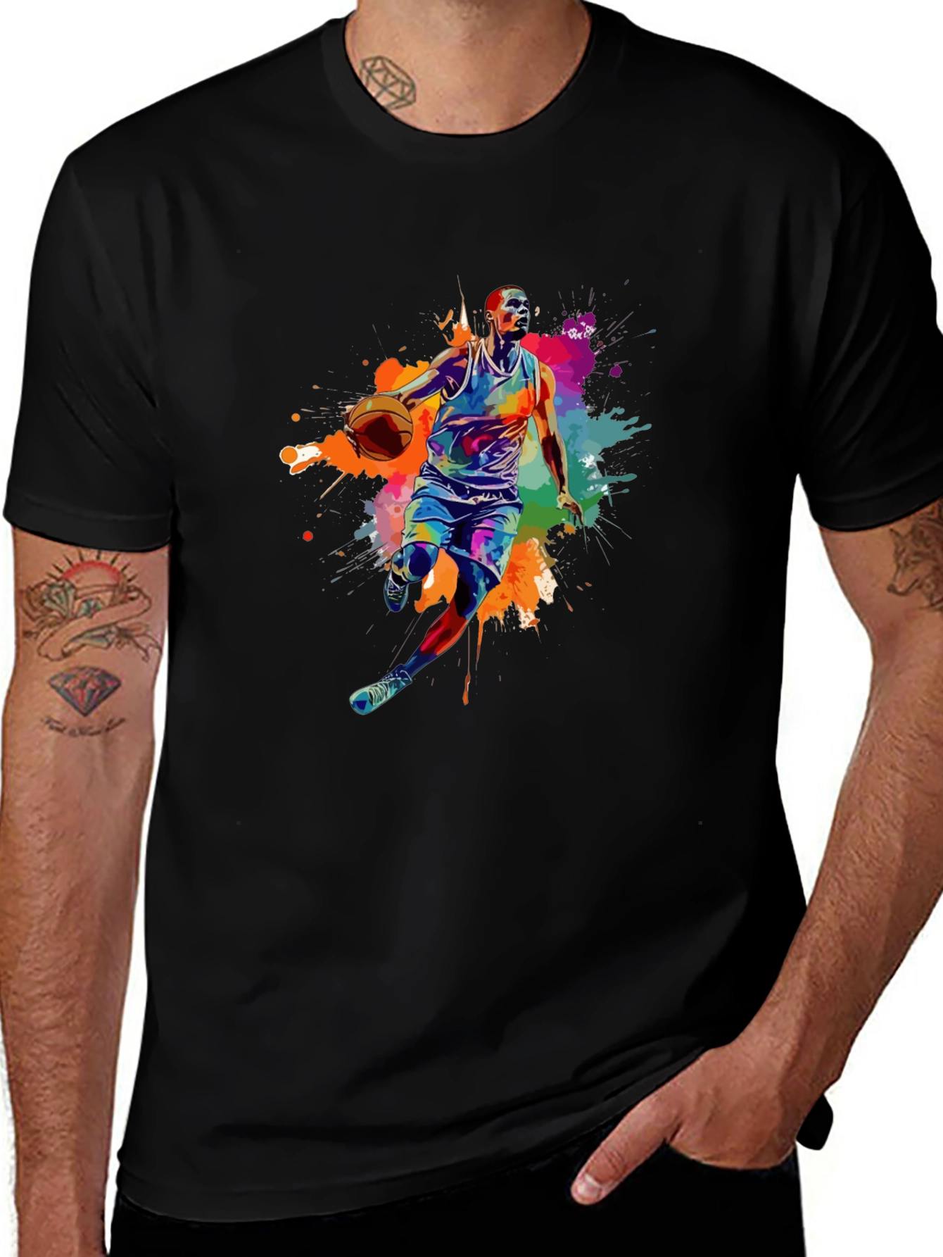Variant 21 of Basketball Player Graphic Tee - Colorful Splash Design
