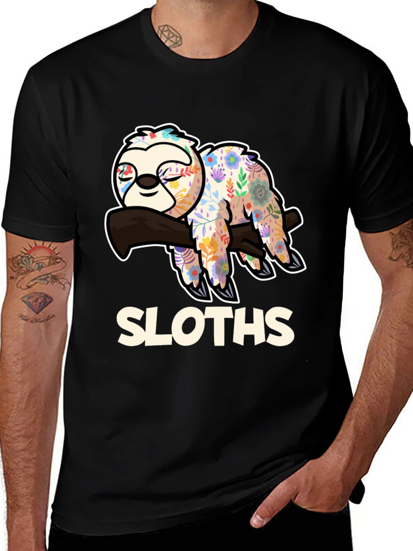 Variant 7 of Floral Sloth Graphic Tee - Relaxed Fit Black T-Shirt
