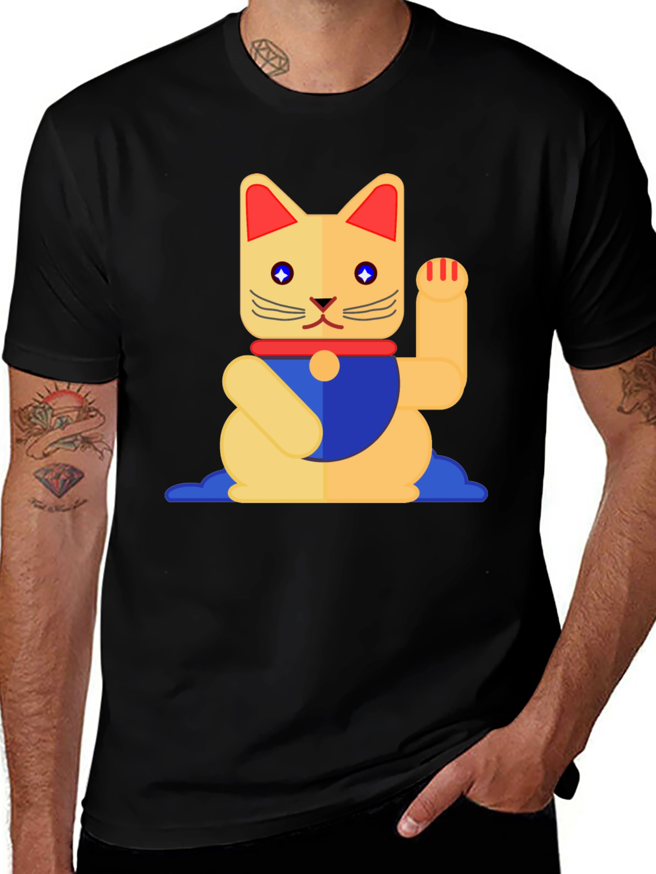Variant 24 of Lucky Cat Graphic T-Shirt - Black Cotton Tee