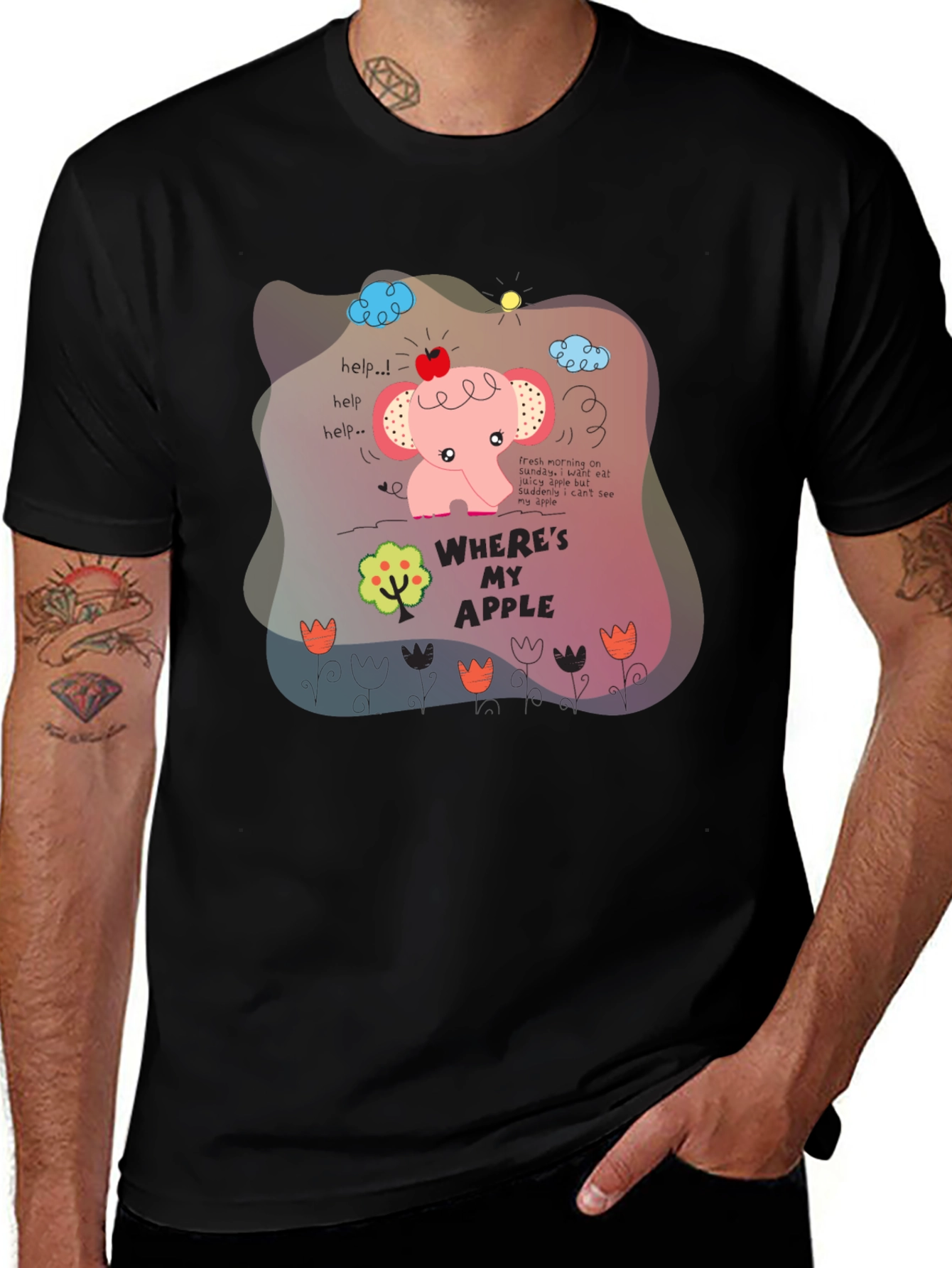 Variant 26 of Whimsical Elephant & Apple Graphic Tee - Cotton Blend, Unisex