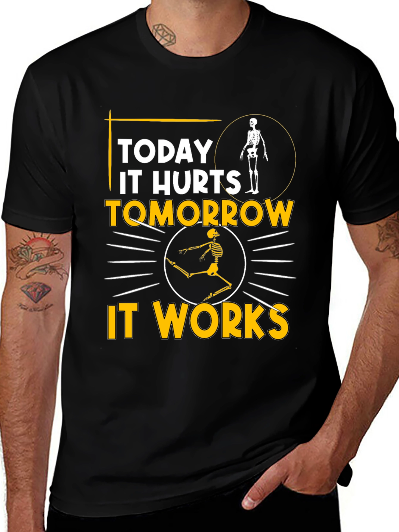 Black Funny Skeleton T-Shirt: Today It Hurts, Tomorrow It Works main image