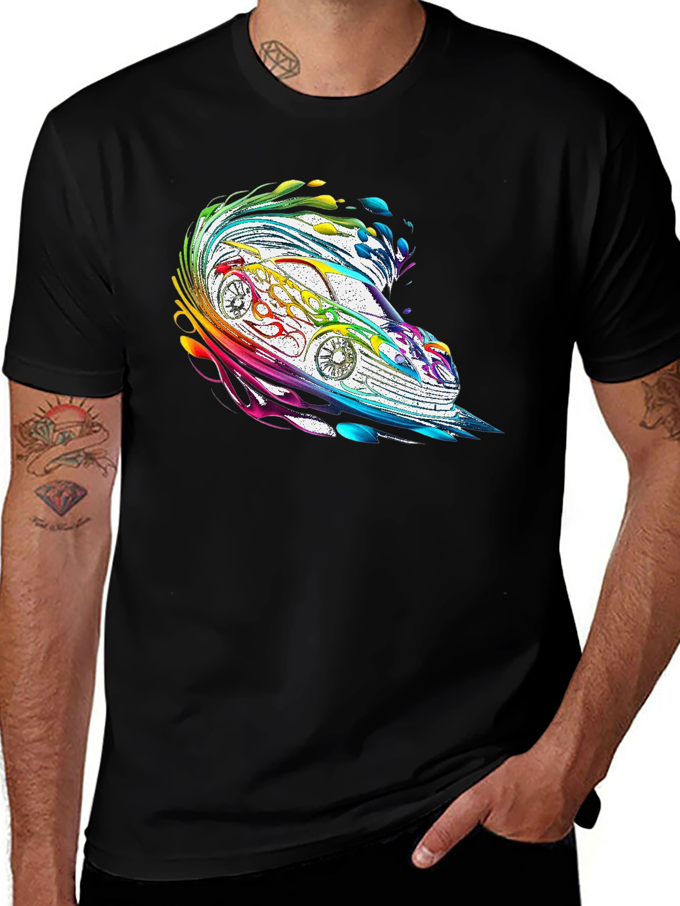 Rainbow Car Graphic Tee - Stylish Men's Black T-Shirt