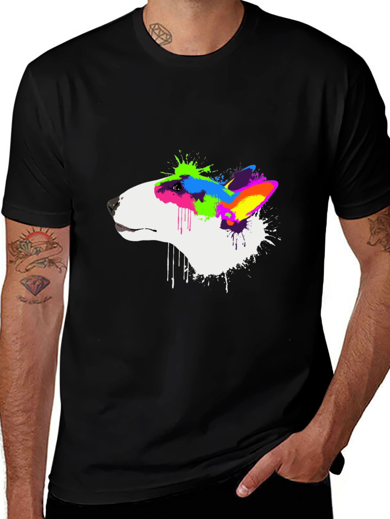 Variant 19 of Colorful Bull Terrier Graphic Tee - Men's Black T-Shirt