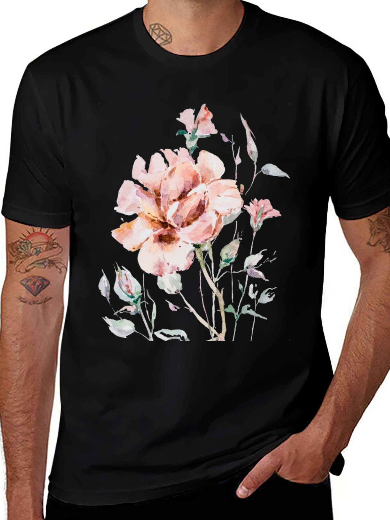 Variant 29 of Floral Watercolor Print Black T-Shirt