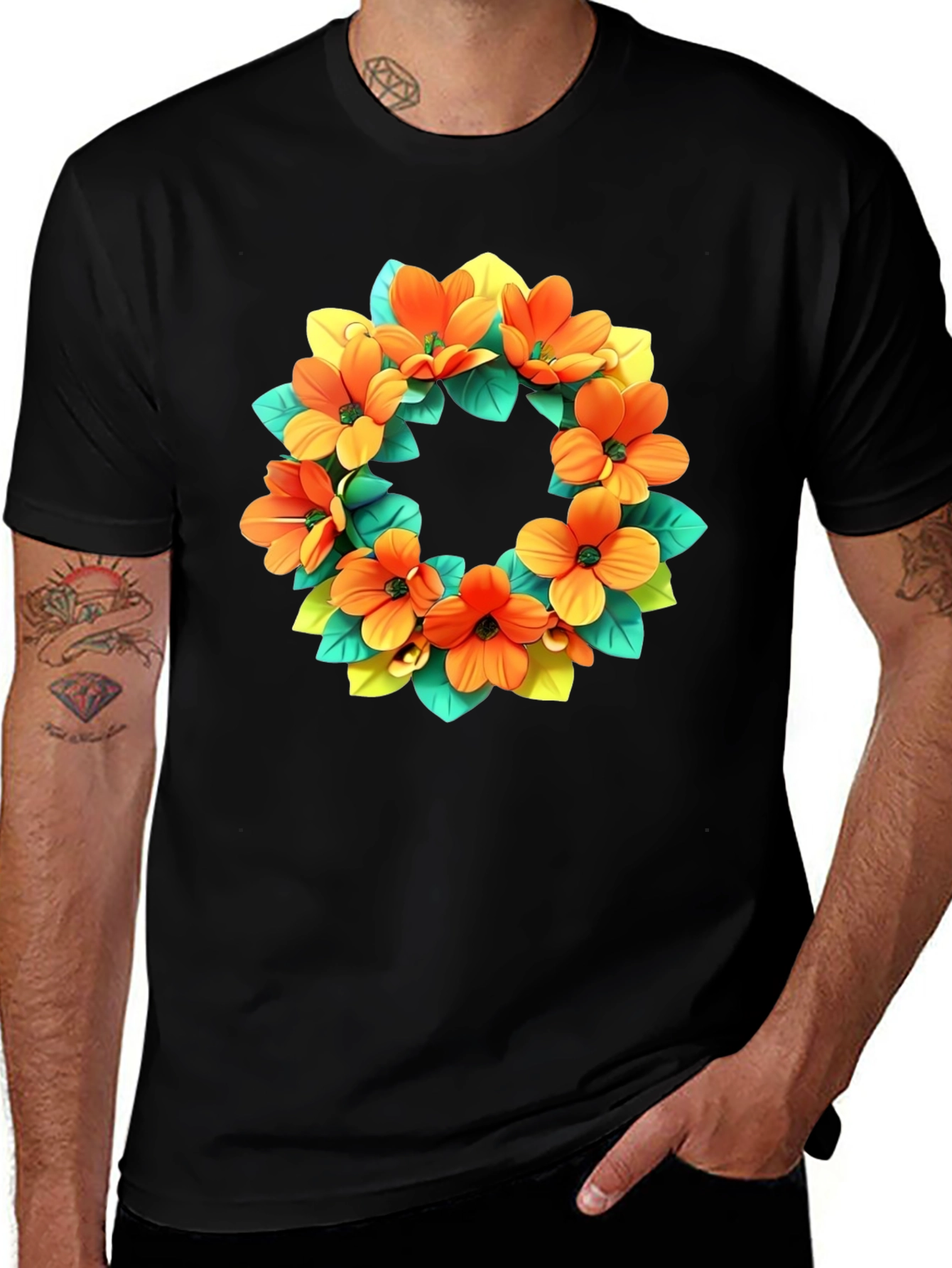 Variant 13 of Floral Wreath Graphic Black T-Shirt