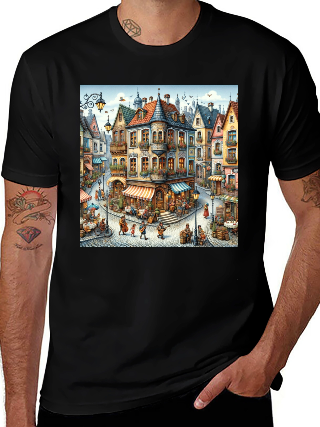 Whimsical Town Square Graphic Tee - Unique Artist Design