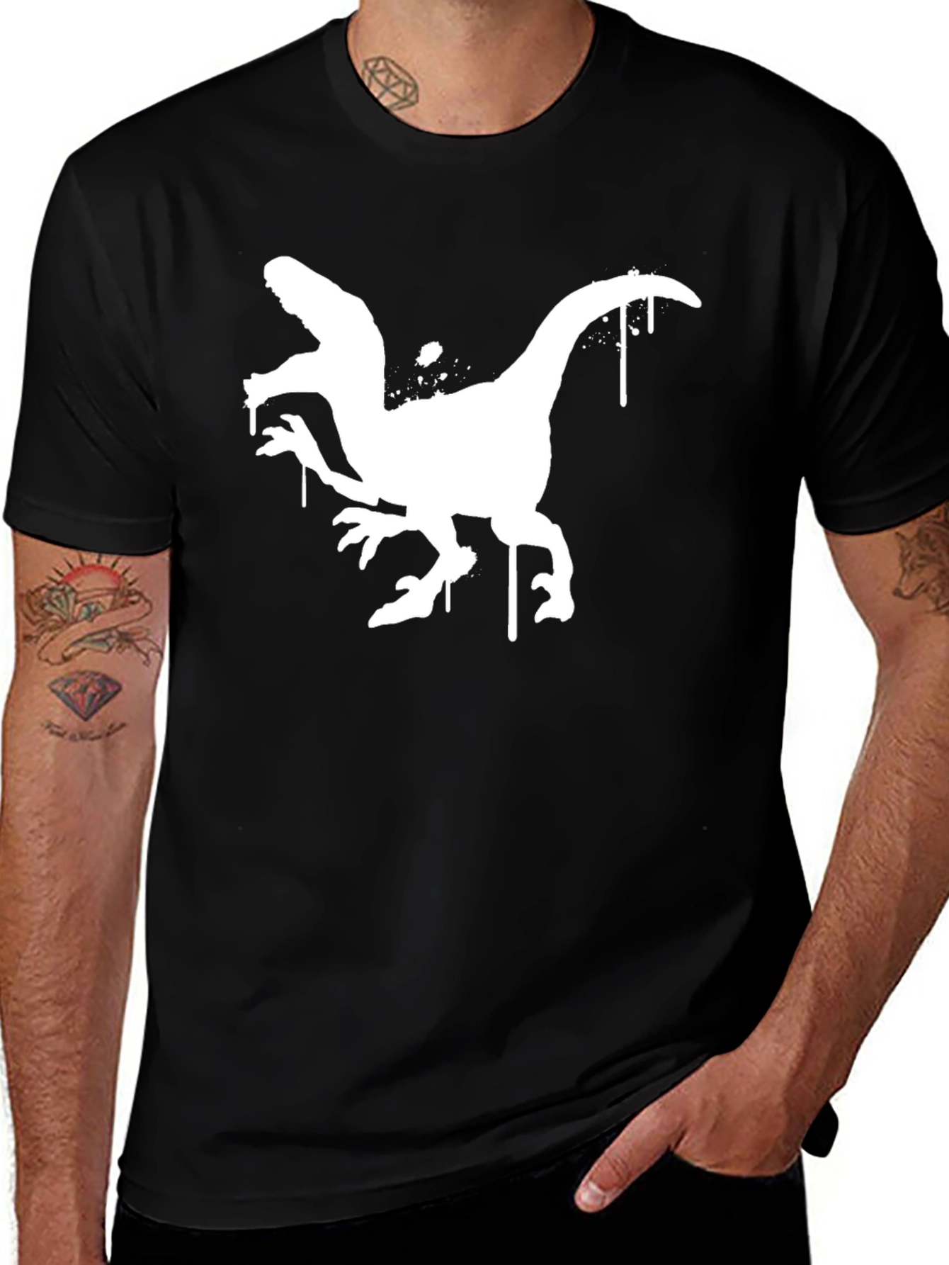 Dino Graphic Tee - Raptor Design, Black Cotton T-Shirt