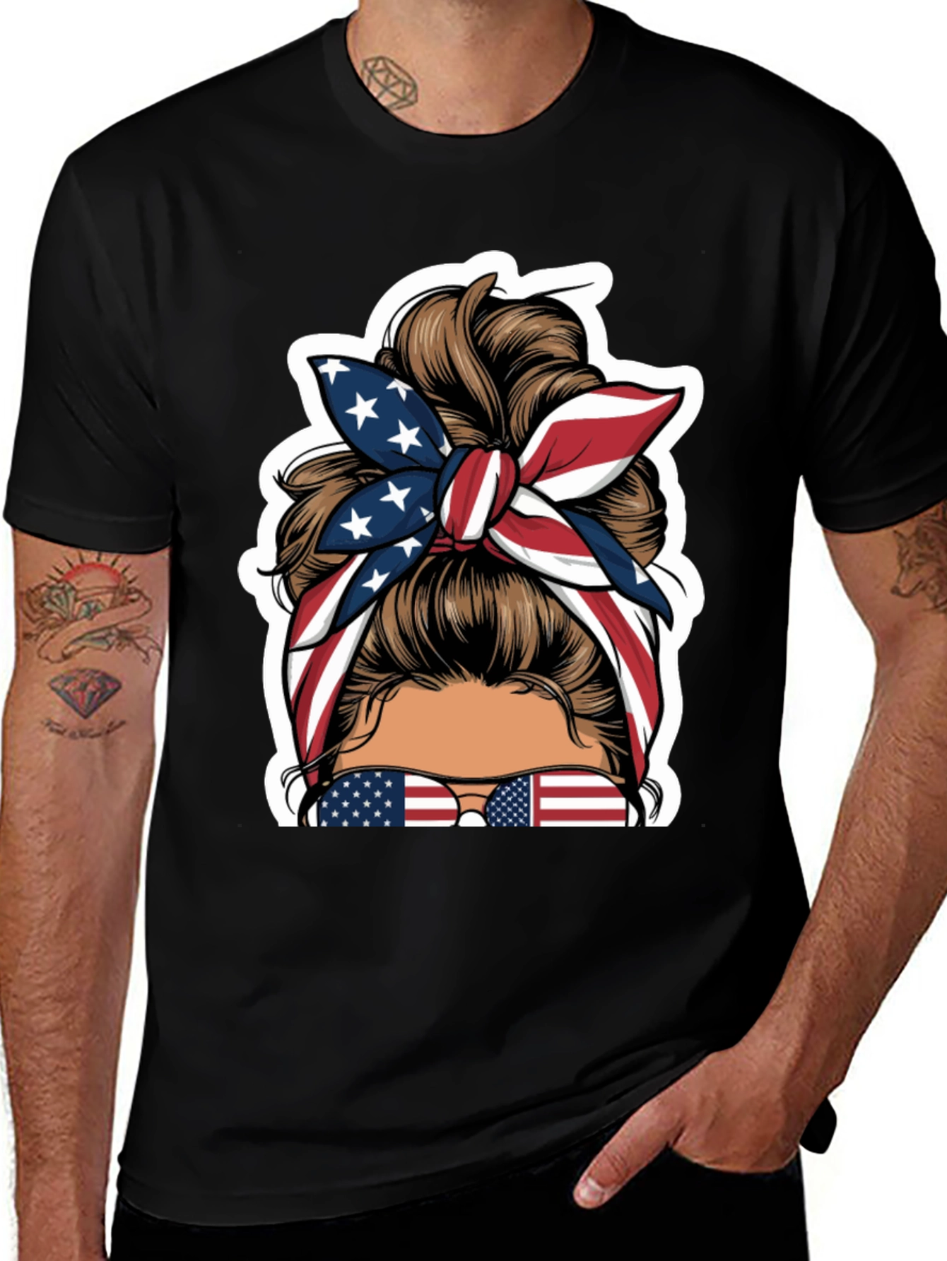 Variant 26 of Patriotic Messy Bun T-Shirt - USA Flag Design