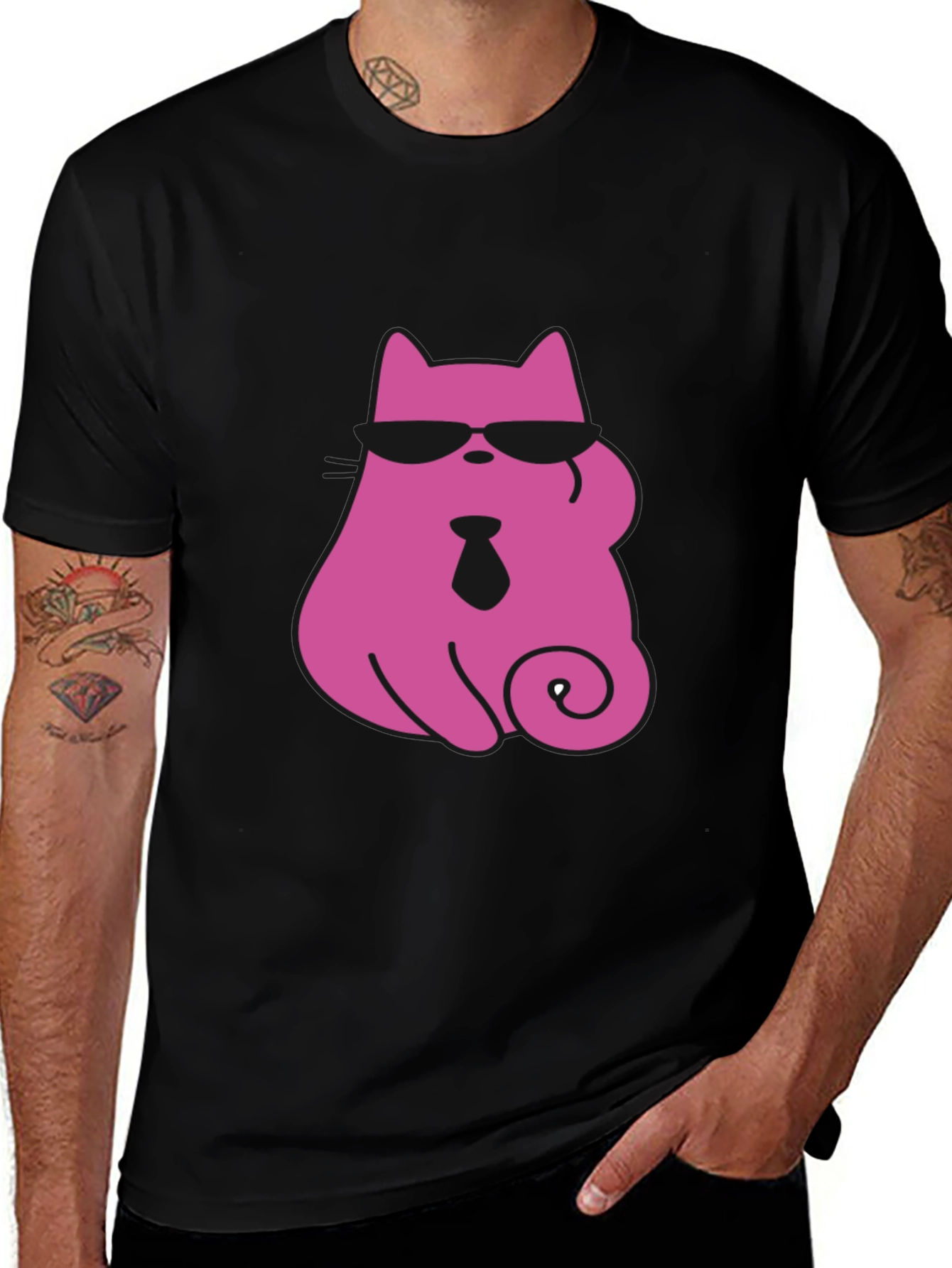 Variant 25 of Cool Cat Tee - Pink Cat with Shades & Tie Black T-Shirt