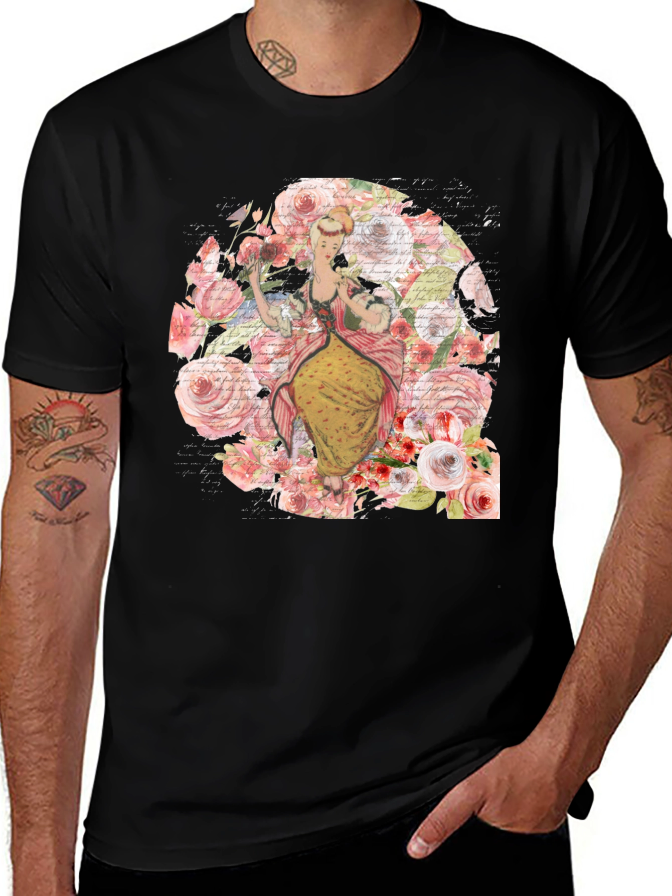 Variant 12 of Vintage Floral Lady Black T-Shirt