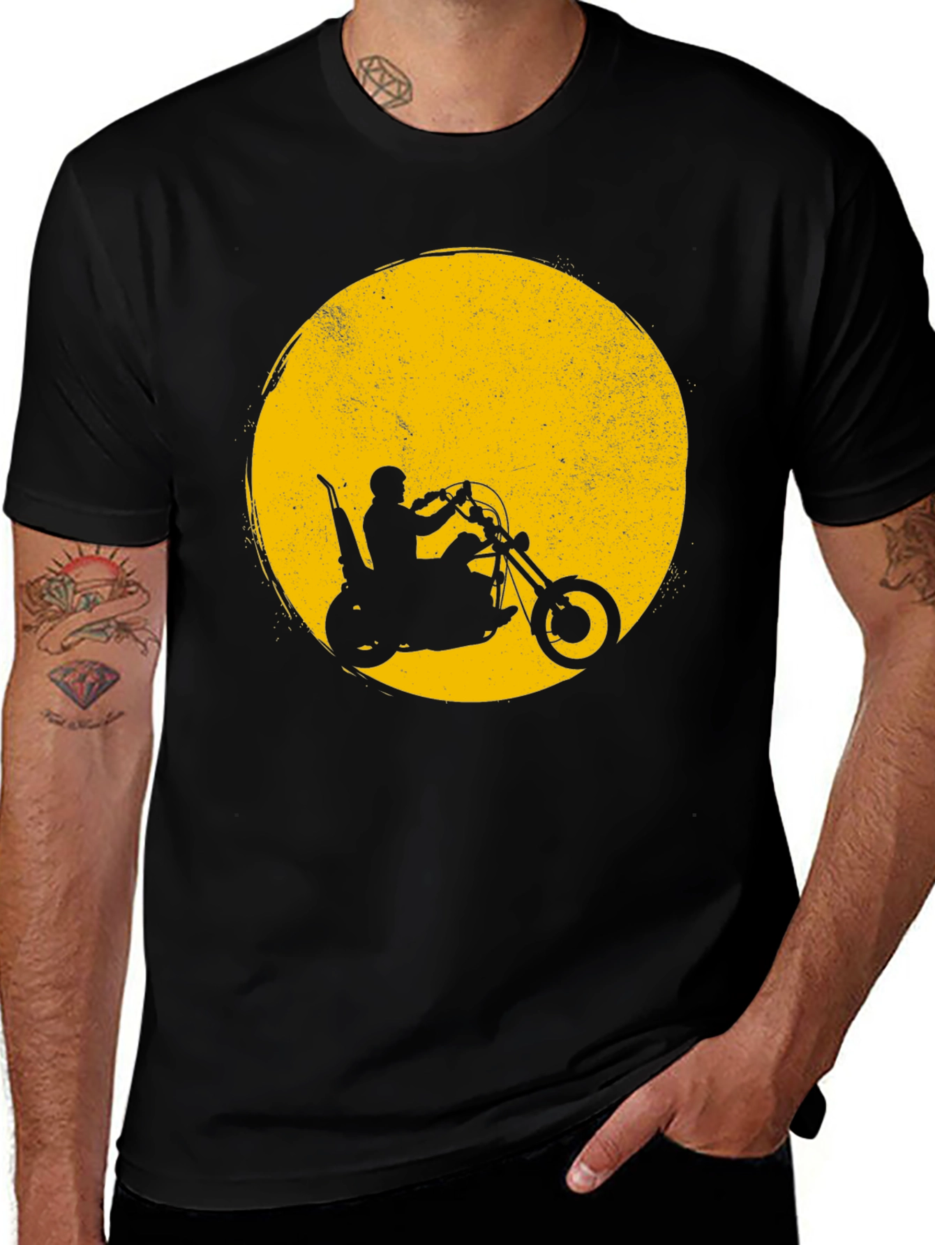 Variant 7 of Men's Motorcycle Rider T-Shirt - Black with Yellow Moon Graphic