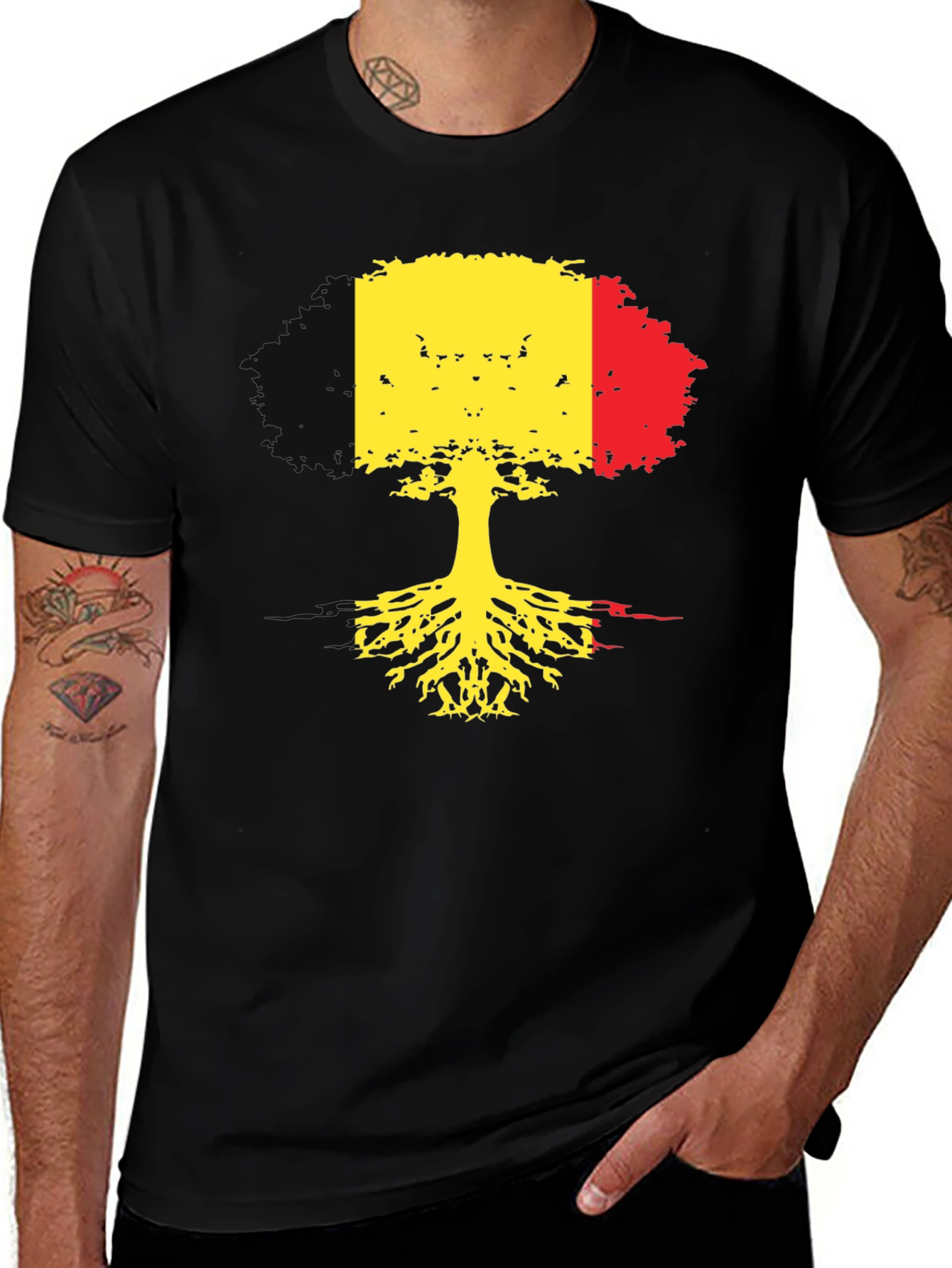 Belgium Flag Tree Roots Black T-Shirt
