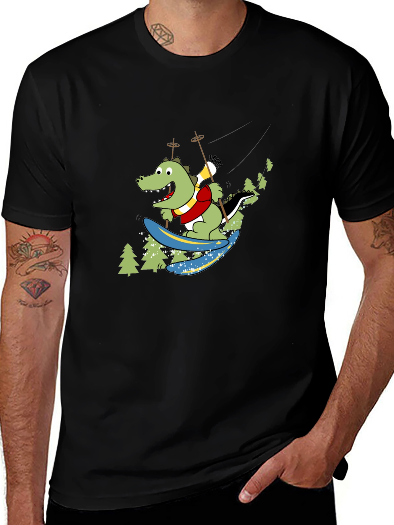 Variant 16 of Skiing Crocodile Graphic Tee - Fun Black T-Shirt