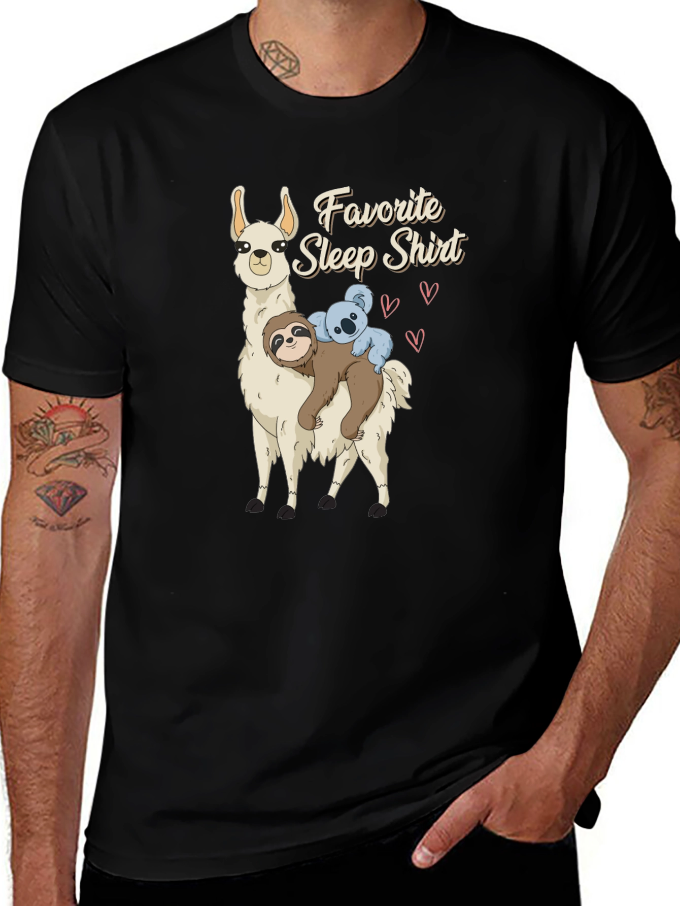 Variant 11 of Favorite Sleep Shirt - Llama, Sloth, and Koala Black T-Shirt