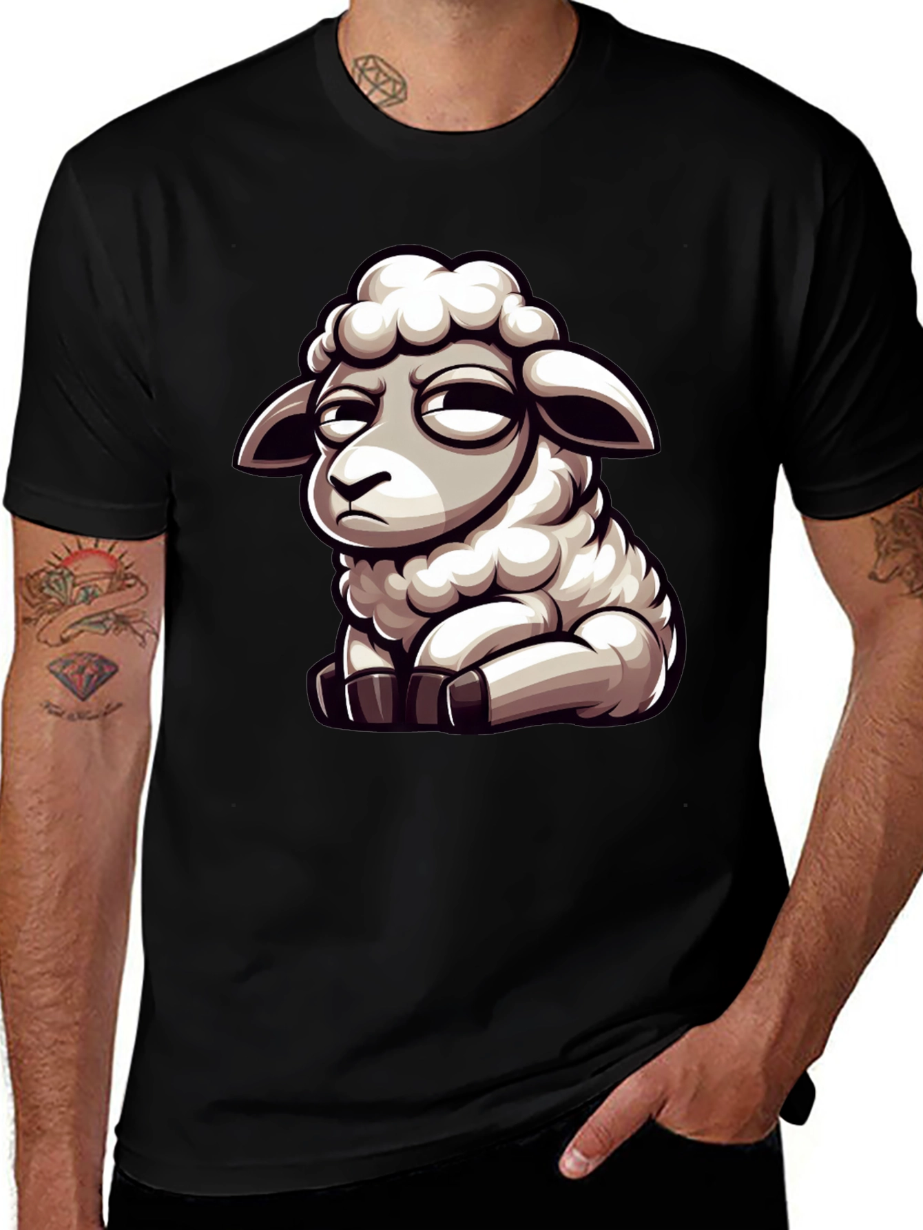 Variant 17 of Funny Grumpy Sheep Cartoon Black T-Shirt
