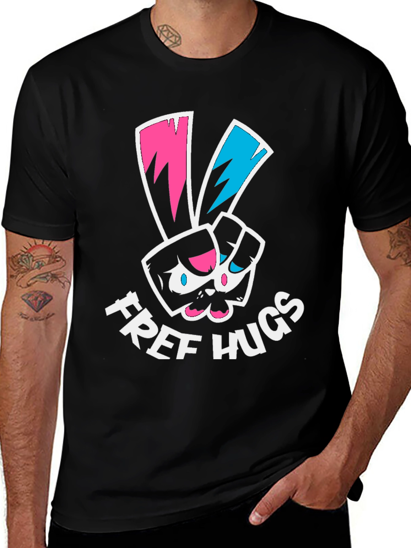 Free Hugs Graphic Tee - Black Cotton T-Shirt