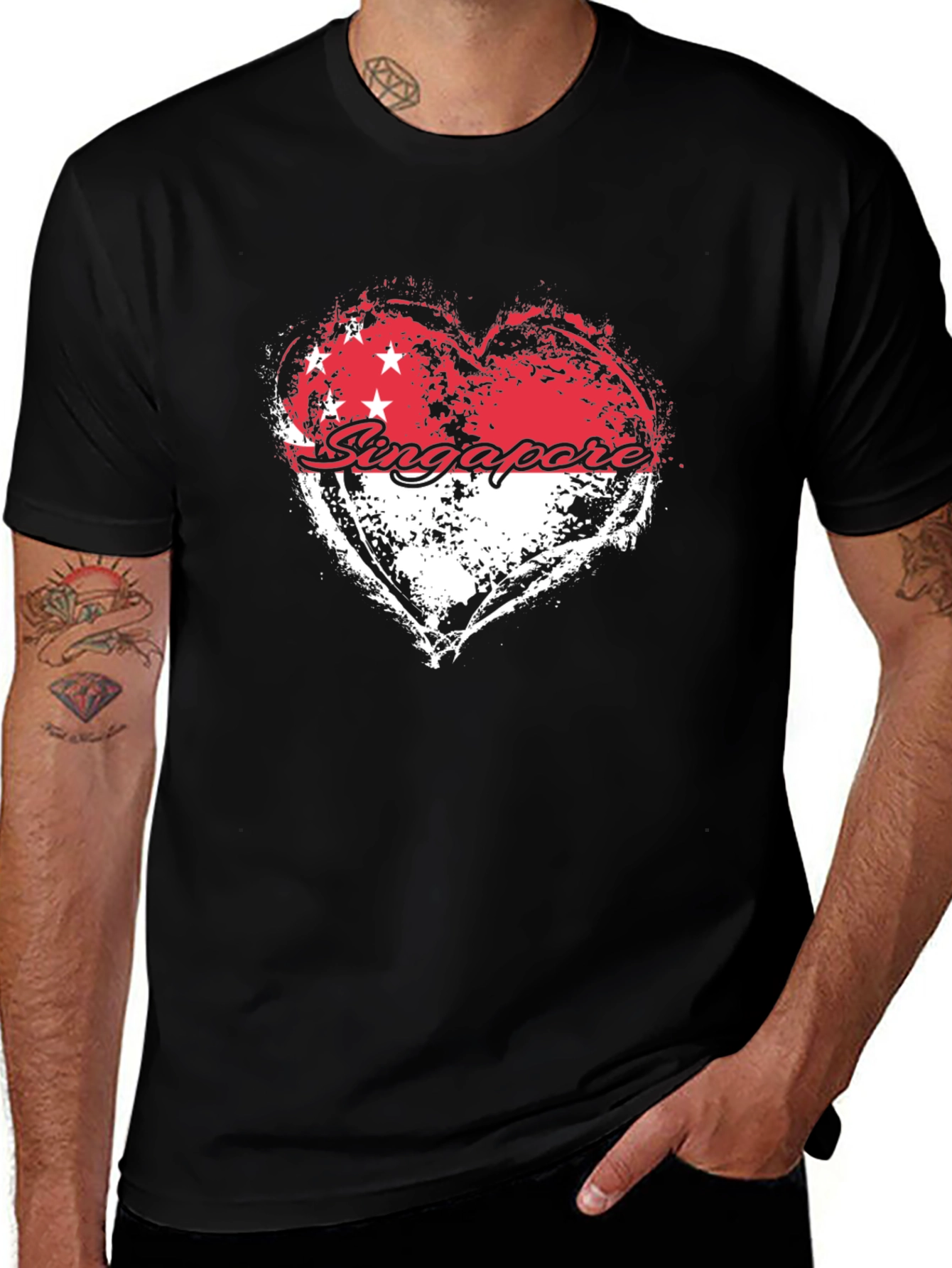 Variant 23 of Singapore Flag Heart Graphic Black T-Shirt