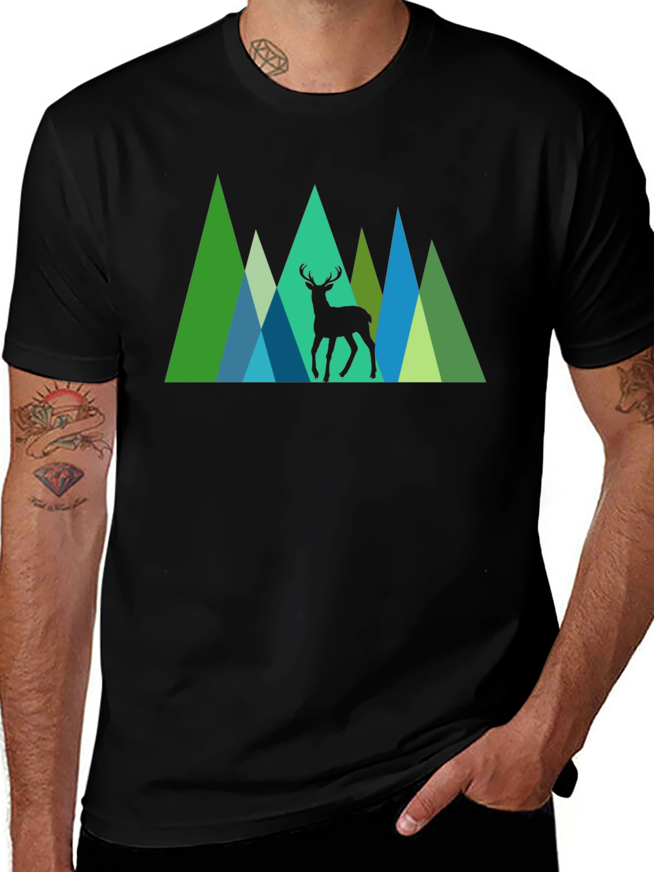 Variant 22 of Geometric Deer Graphic Tee - Nature Inspired Black T-Shirt