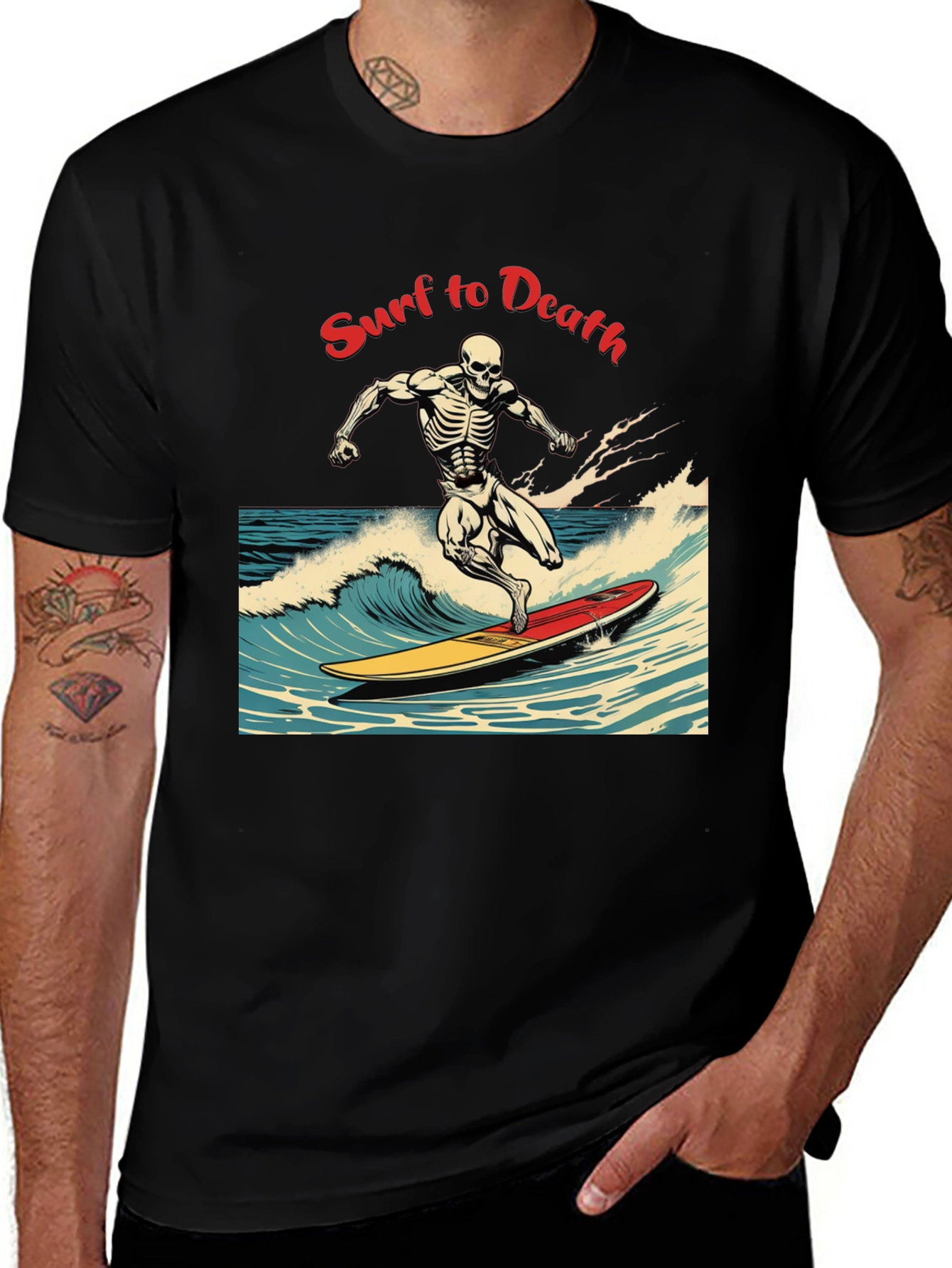 Variant 9 of Surf to Death Graphic T-Shirt - Unique Skeleton Design