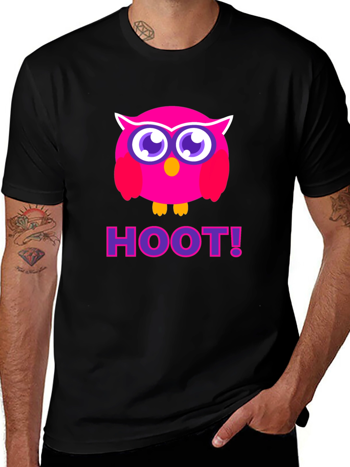 Variant 15 of Pink Owl Hoot T-Shirt - Black Cotton Tee