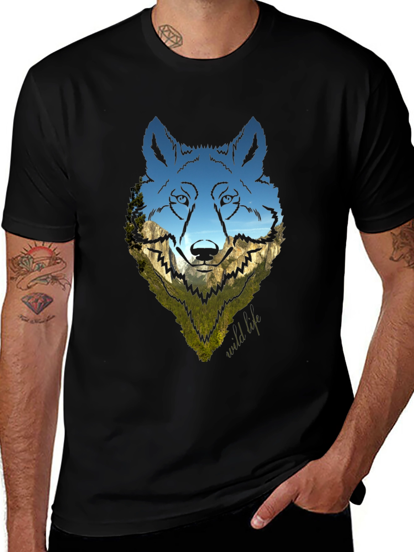 Variant 3 of Wolf Landscape Graphic Tee - Black Cotton Blend