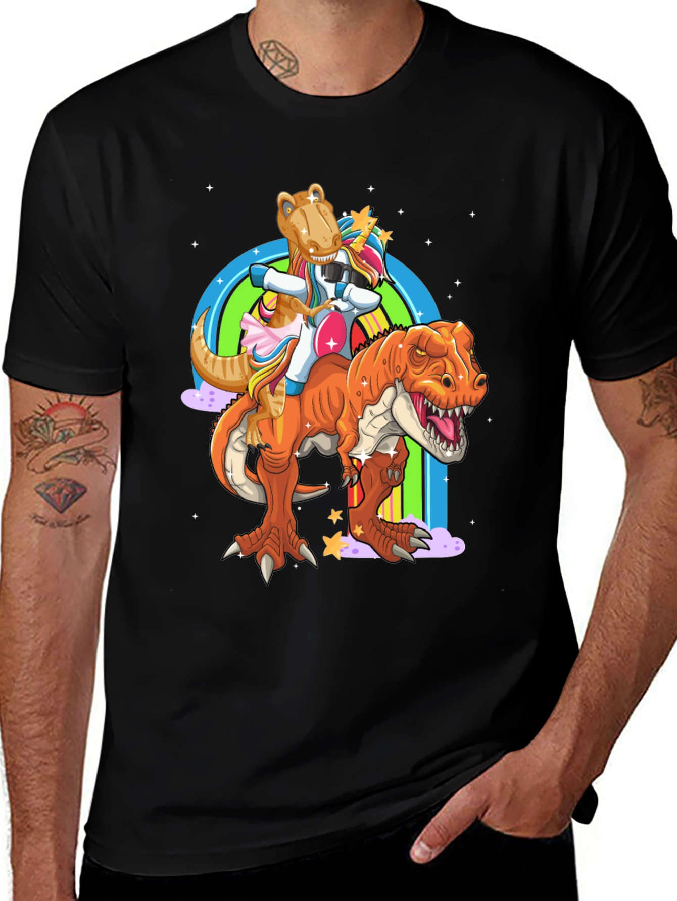 Variant 16 of Dinosaur T-Rex Riding Dino Unicorn Rainbow Tee