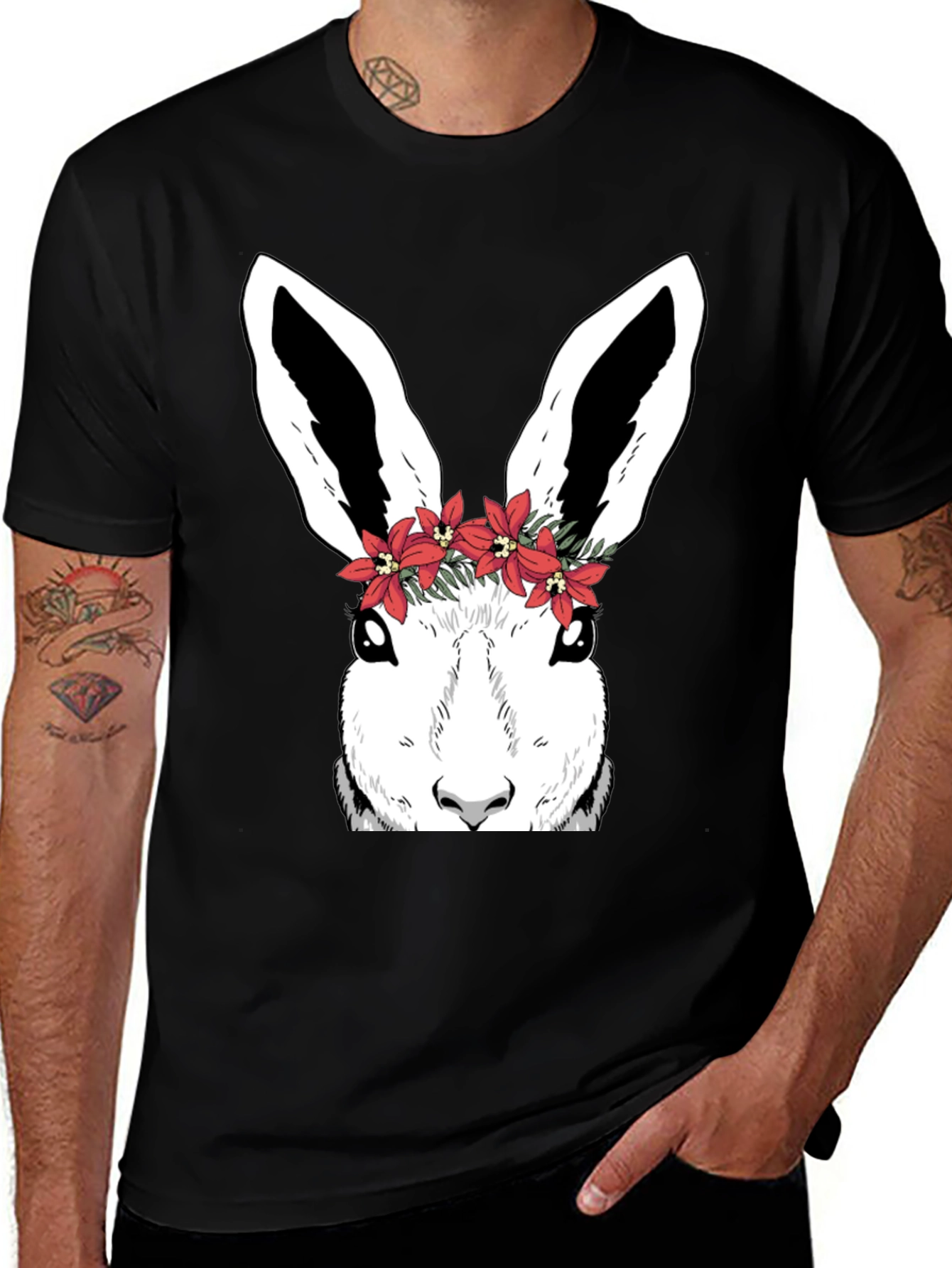 Variant 10 of Floral Bunny Graphic Tee - Black Cotton