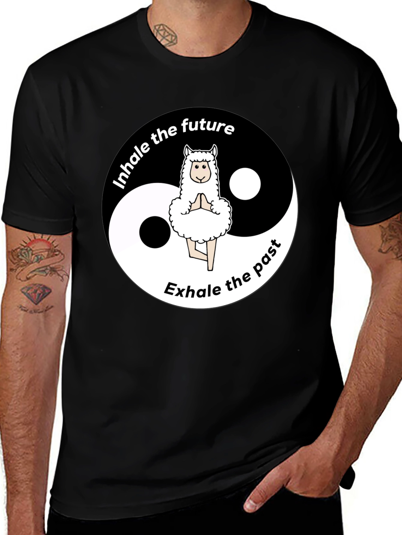 Yin Yang Alpaca T-Shirt - Inhale the Future, Exhale the Past