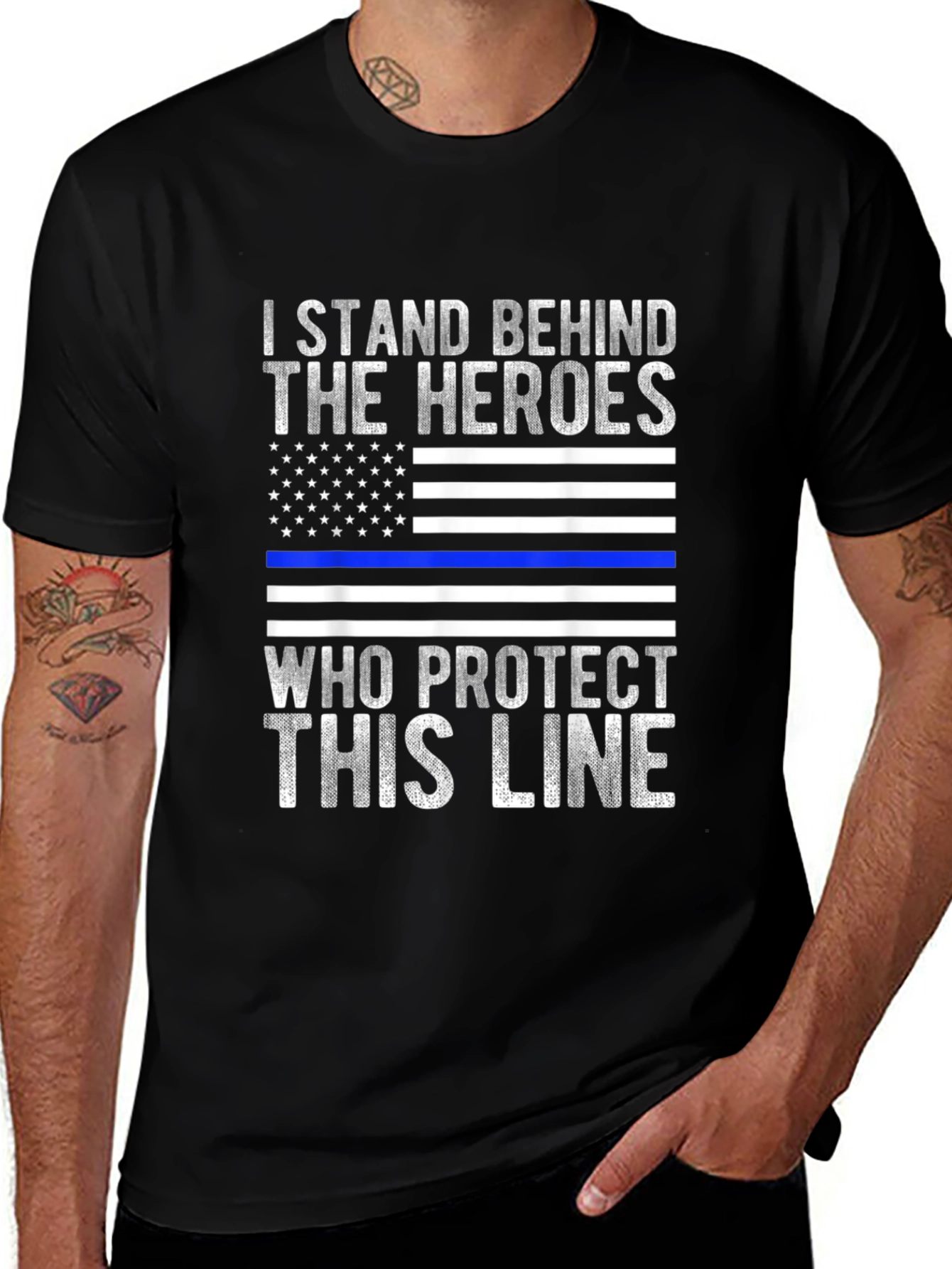 Variant 24 of I Stand Behind the Heroes T-Shirt Thin Blue Line Police
