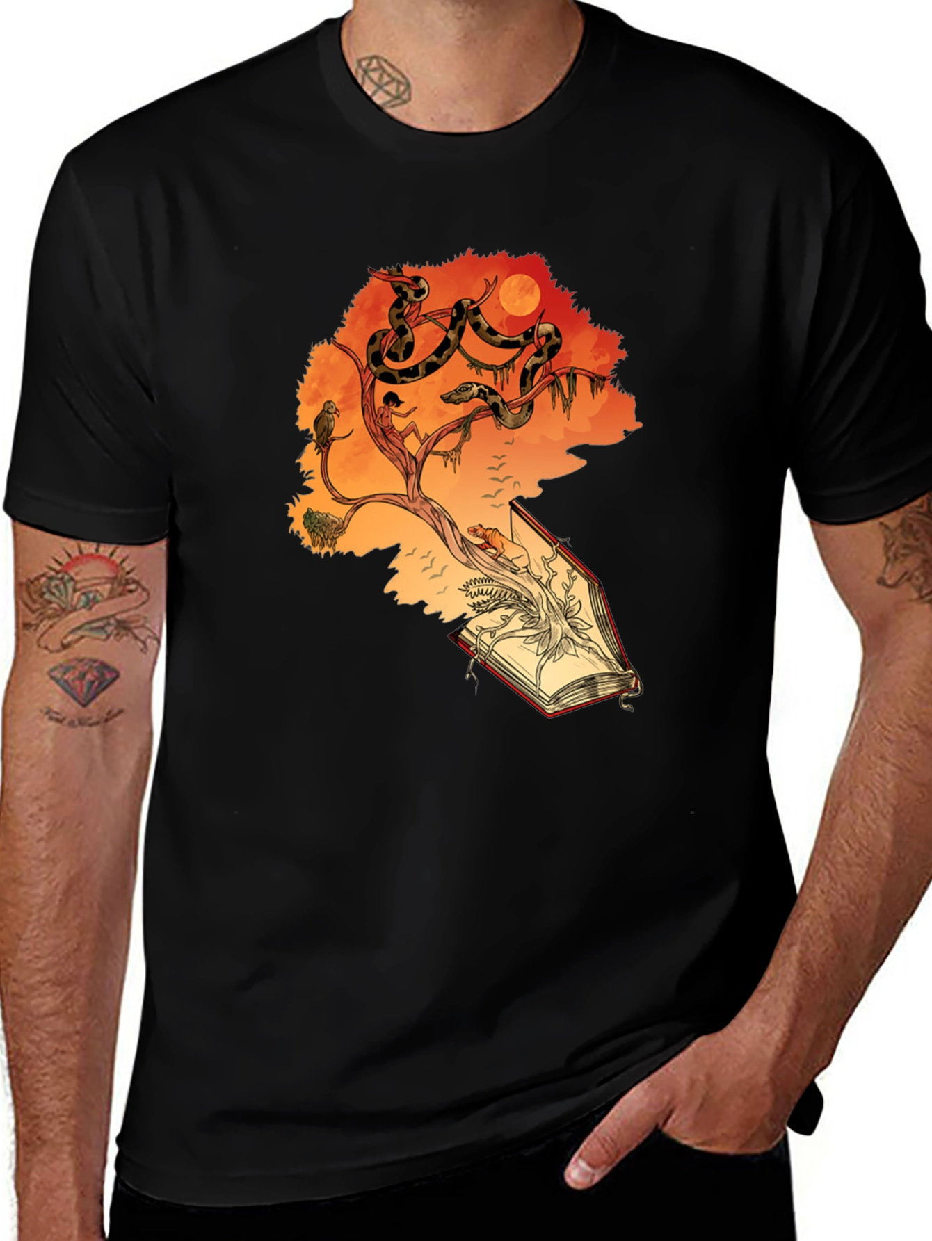 Variant 3 of Enchanted Story Tee: Tree, Snakes, & Open Book Design