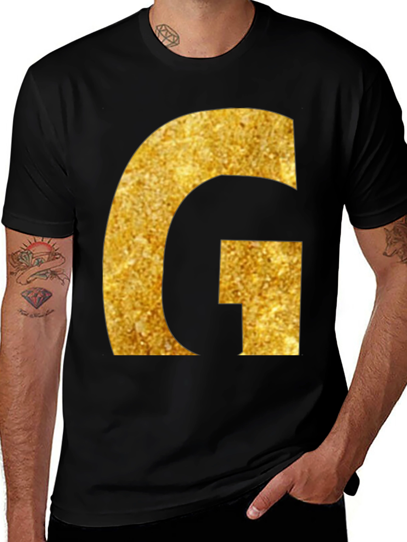 Gold Glitter 'G' Initial Black T-Shirt