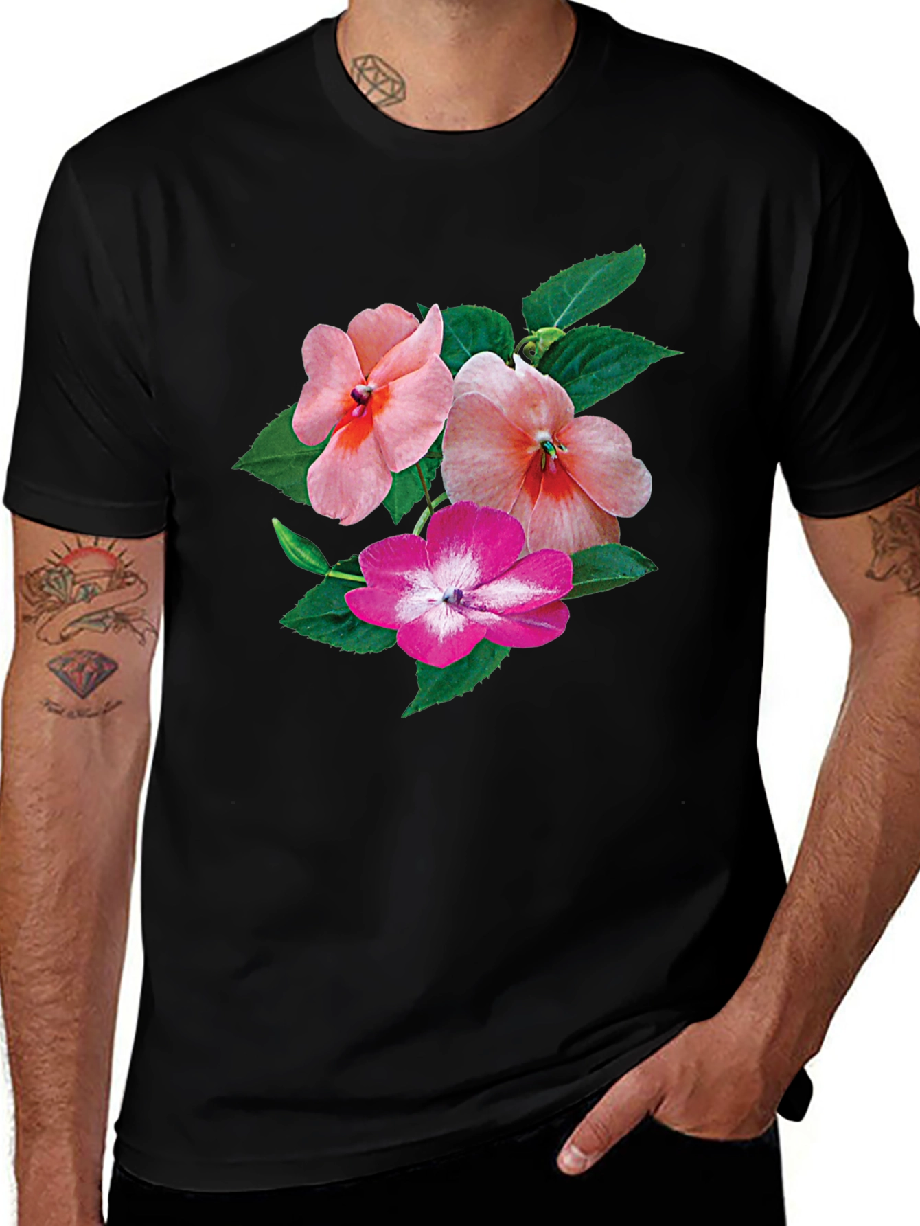 Variant 20 of Floral Impatiens Graphic Tee - Black Cotton Blend