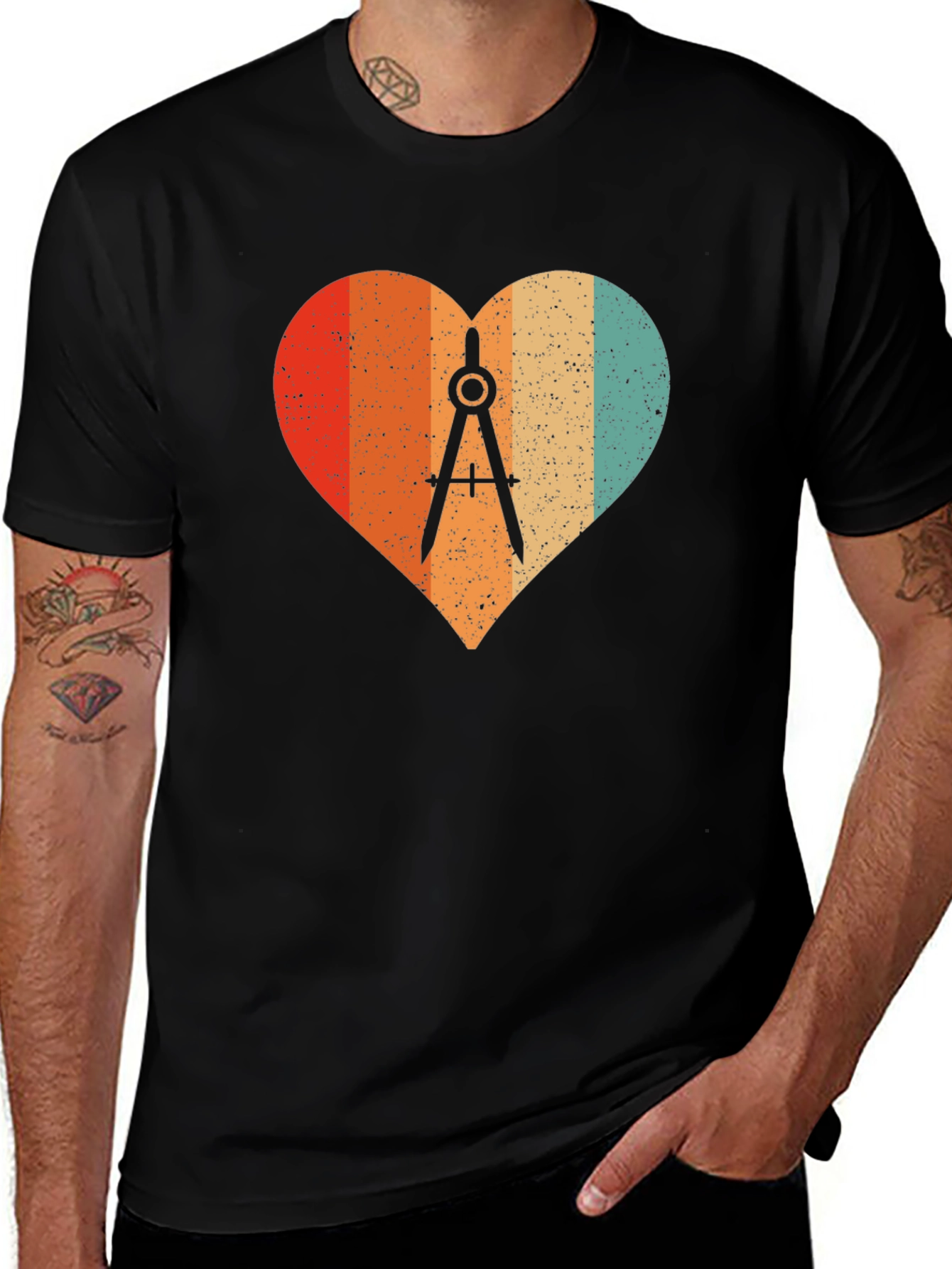 Variant 19 of Retro Heart Compass Black T-Shirt - Engineer, Math, Architect