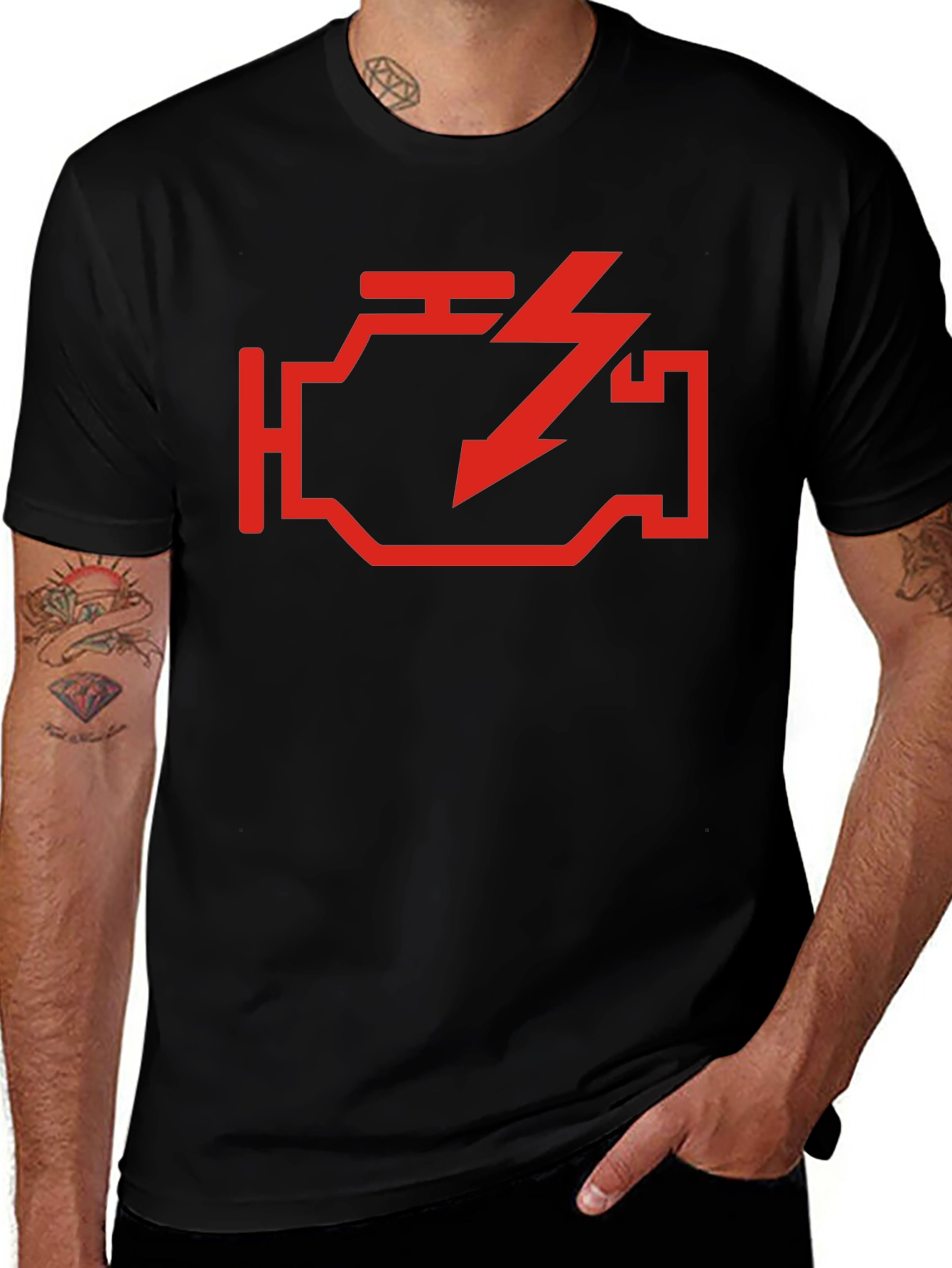 Variant 14 of Check Engine Tee - Red Warning Design on Black Cotton Shirt