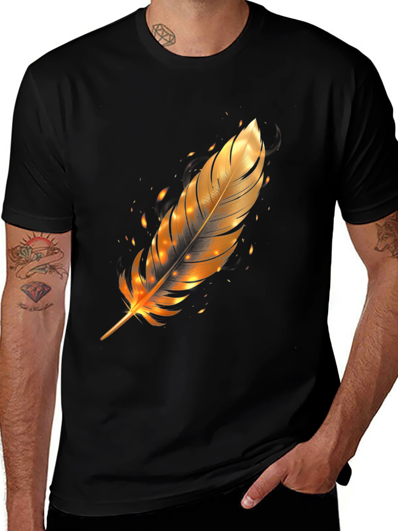 Variant 10 of Golden Feather Graphic Tee - Stylish Black T-Shirt