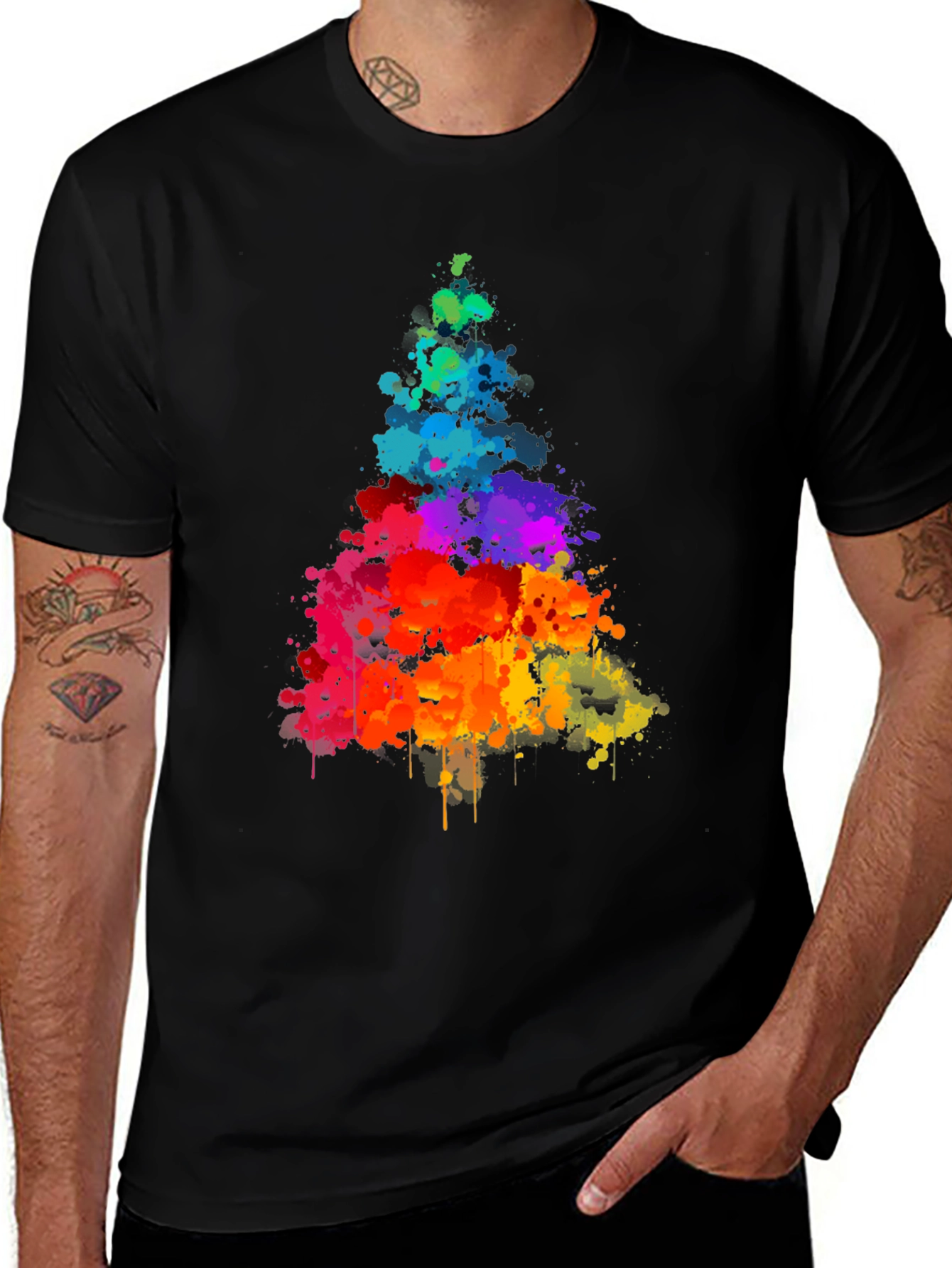 Variant 3 of Rainbow Splatter Tree Graphic Tee - Black Cotton Shirt
