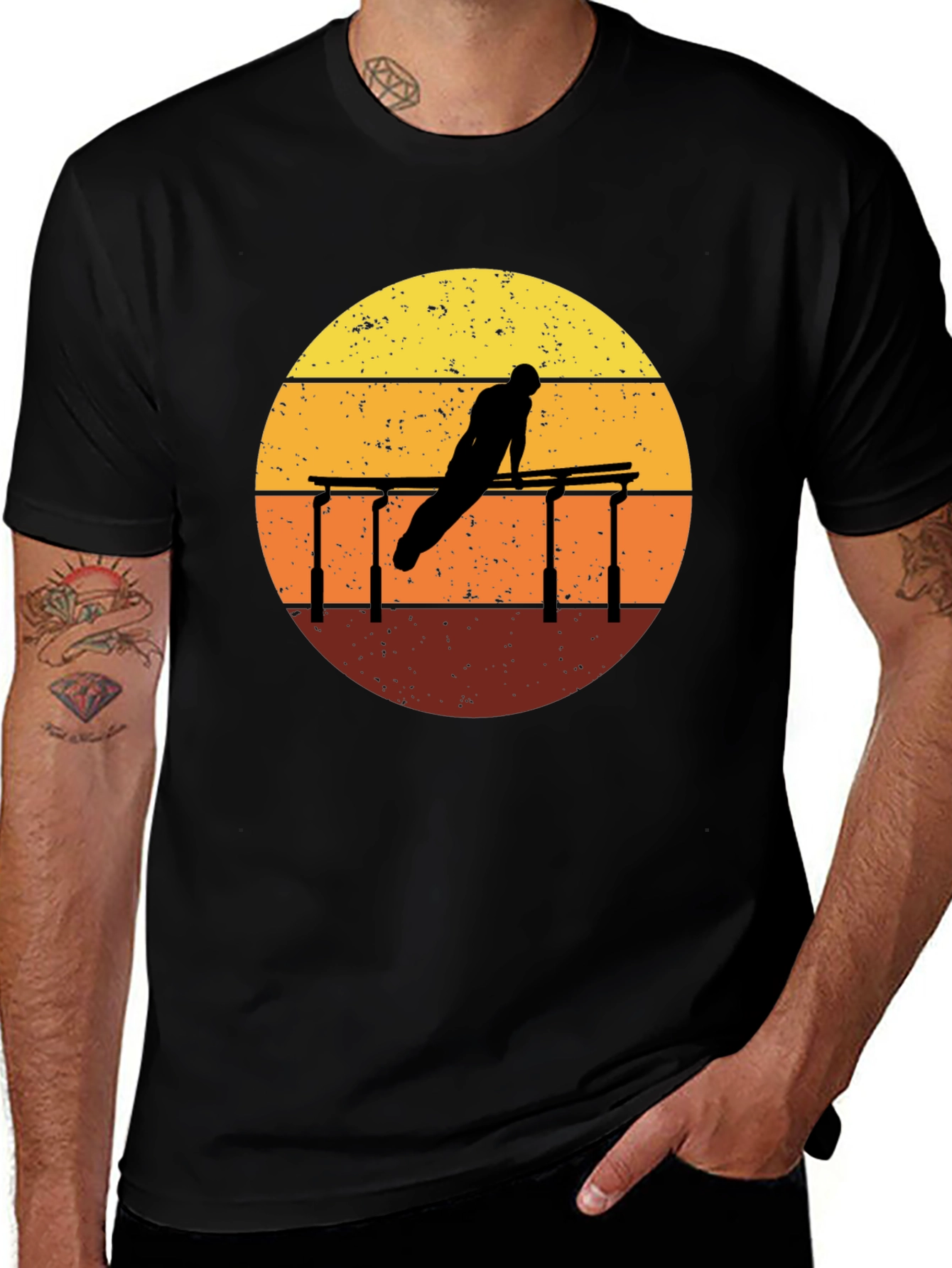 Variant 15 of Gymnastics Sunset Graphic Tee - Black Cotton T-Shirt